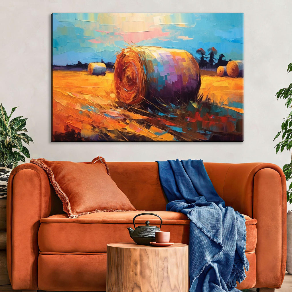 Hayfield Farm Landscape Art - Autumn Harvest Canvas | Large Rustic Wall Decor