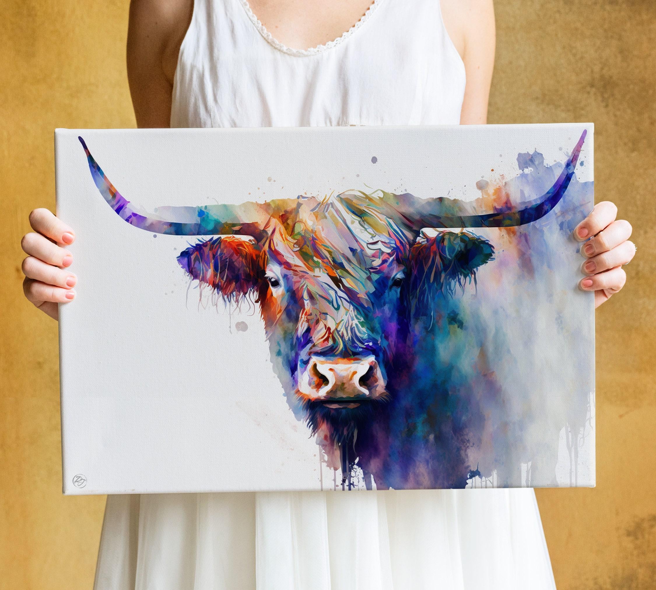 Scotland's Icon: Watercolor Highland Cow Wall Decor, Giclee Print on Canvas, Artist Paper, Watercolor Paper, Available in Extra Large Sizes
