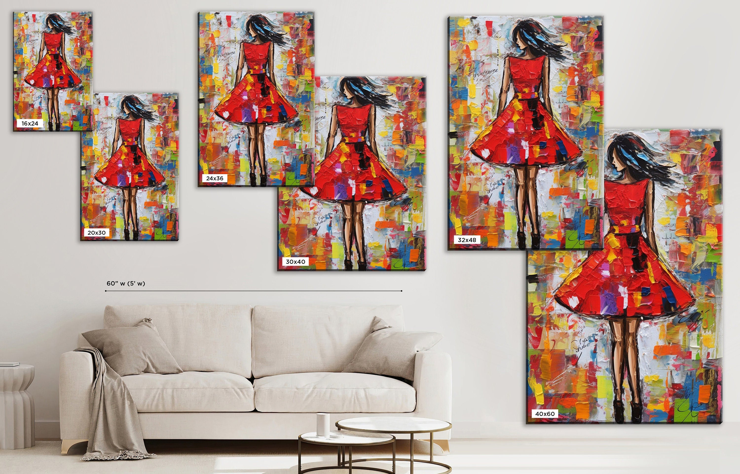 Red Dress Wall Art – Elegant Feminine Canvas Print with Impasto Painting