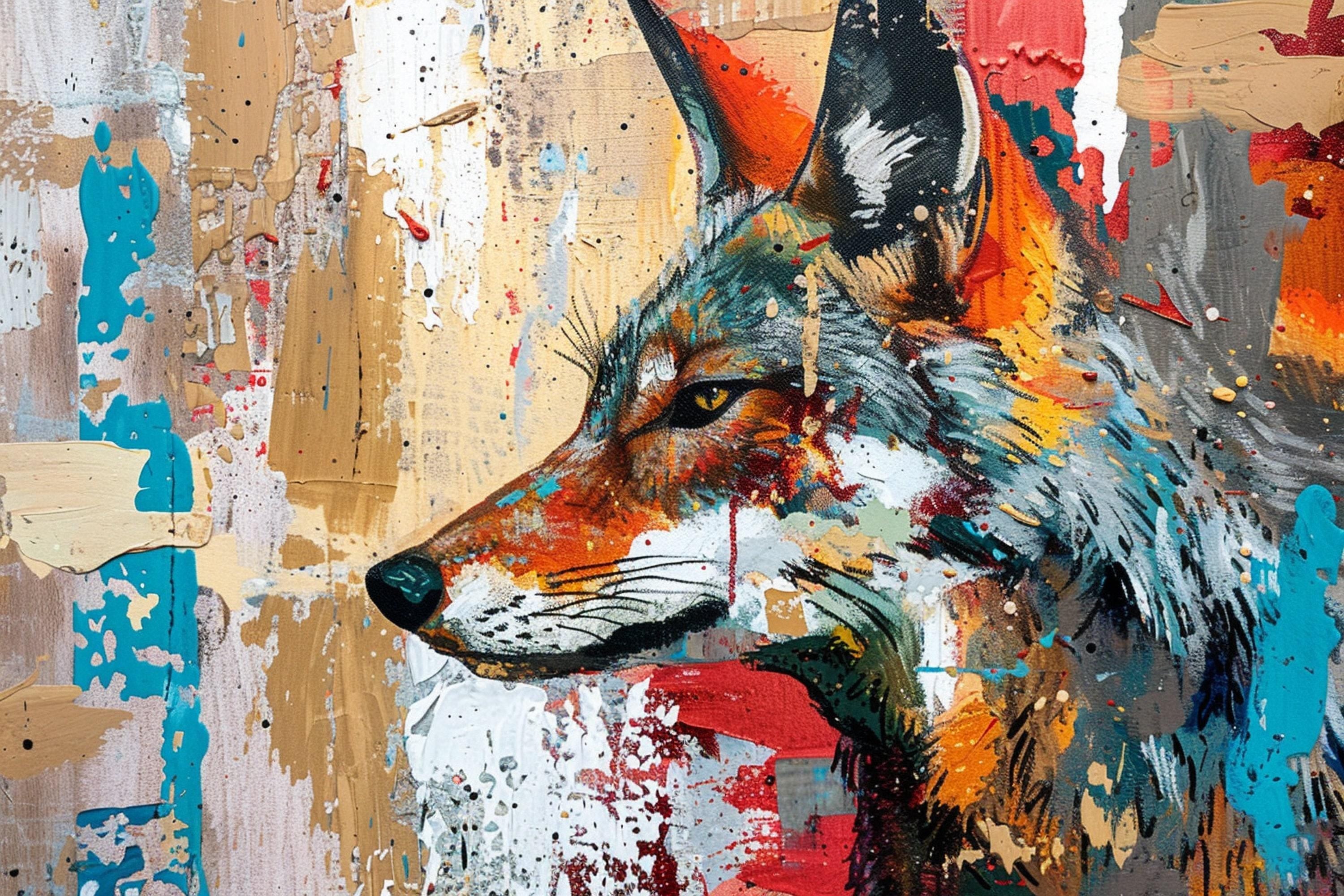 The image is a vibrant and colorful painting of a fox's face, with bold brushstrokes and splatters of color that create a dynamic and expressive visual effect.