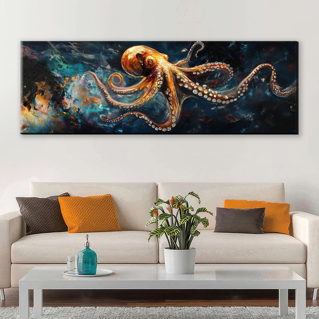 a living room with a couch and a painting on the wall