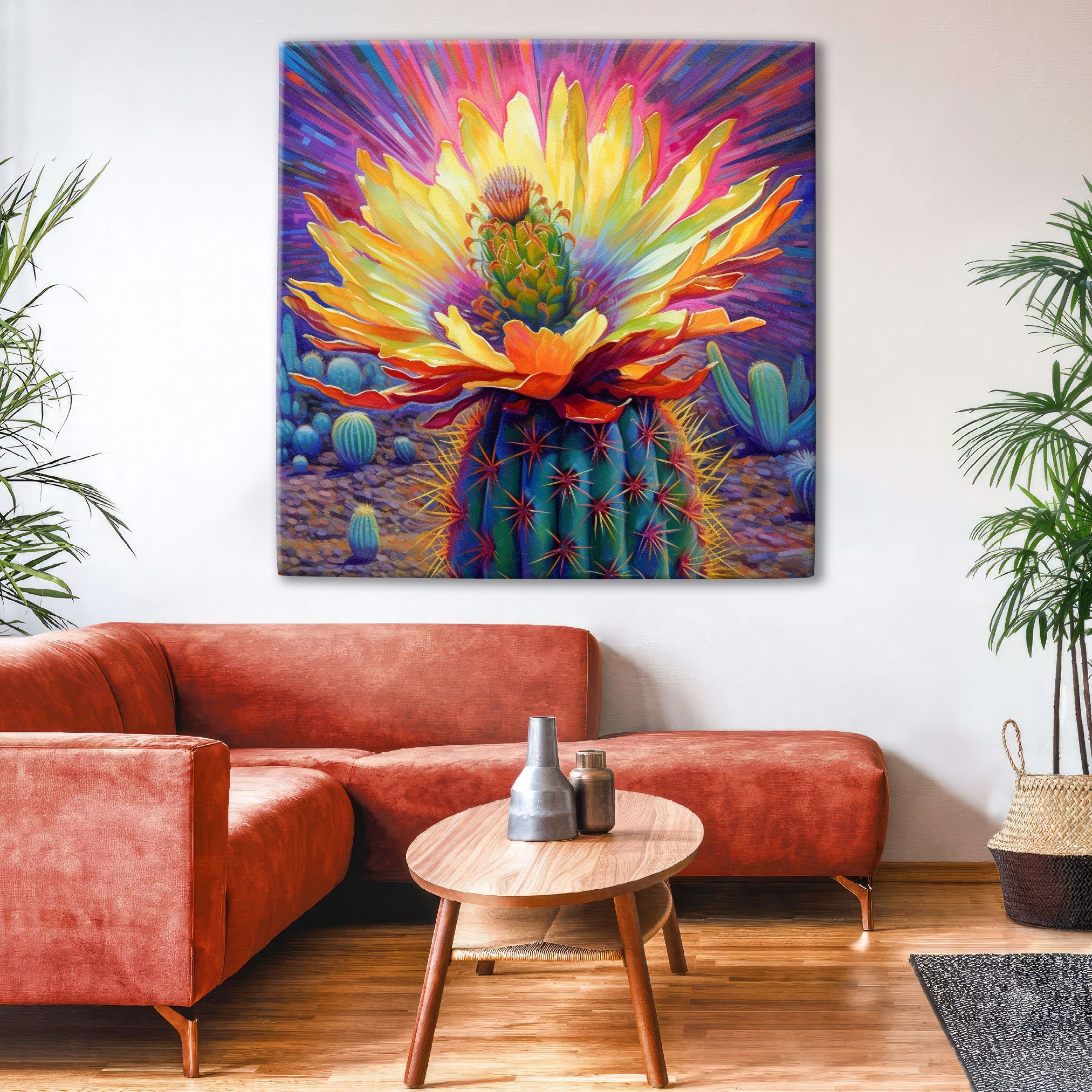Saguaro Bloom Canvas – Vibrant Desert Cactus Art | Large Colorful Wall Print