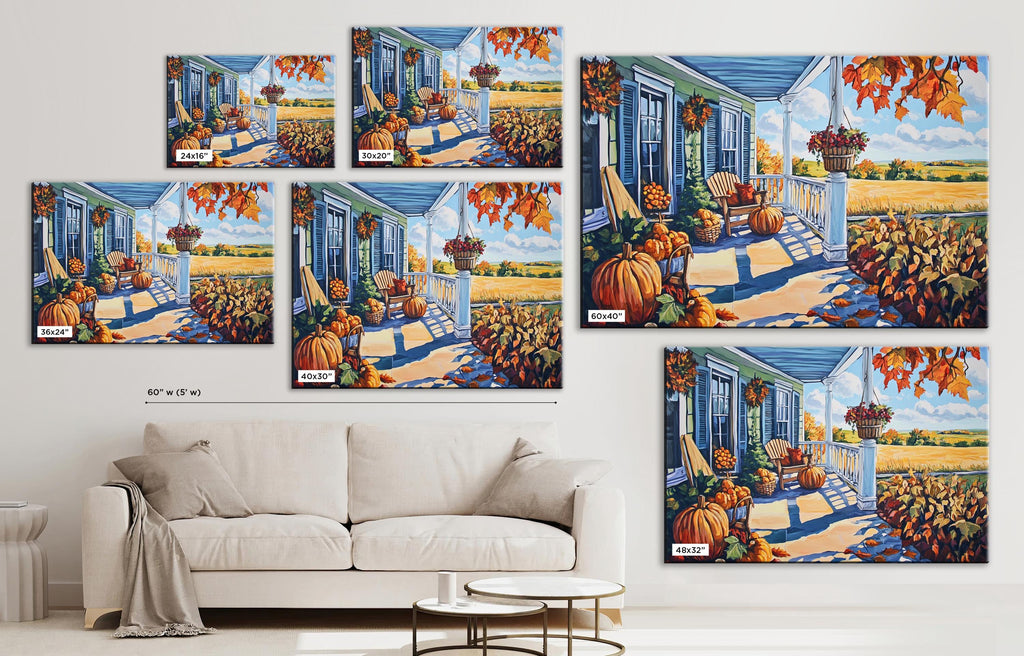 The image is a collage of six paintings depicting a porch scene with pumpkins, flowers, and a white sofa.