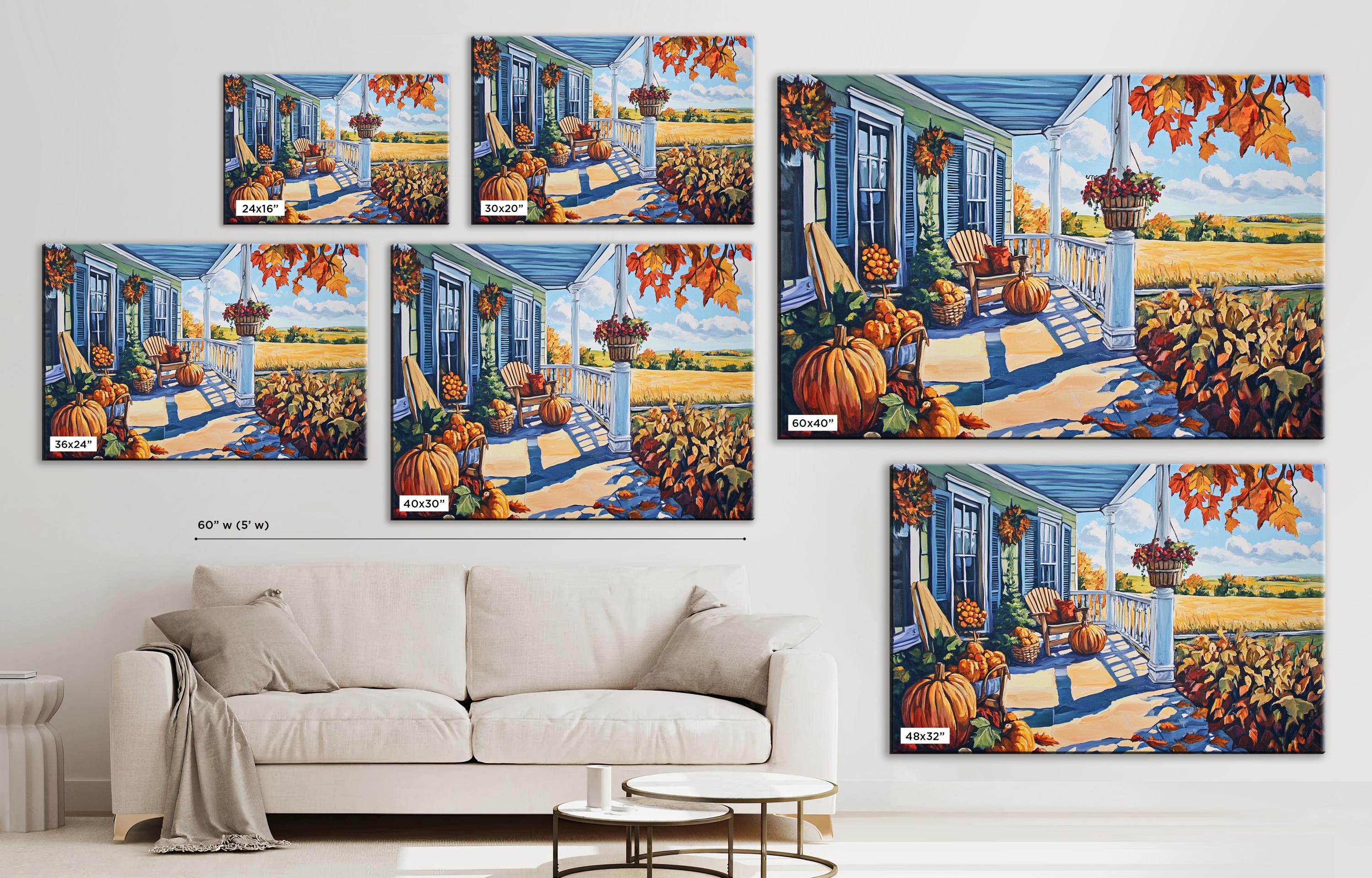 The image is a collage of six paintings depicting a porch scene with pumpkins, flowers, and a white sofa.