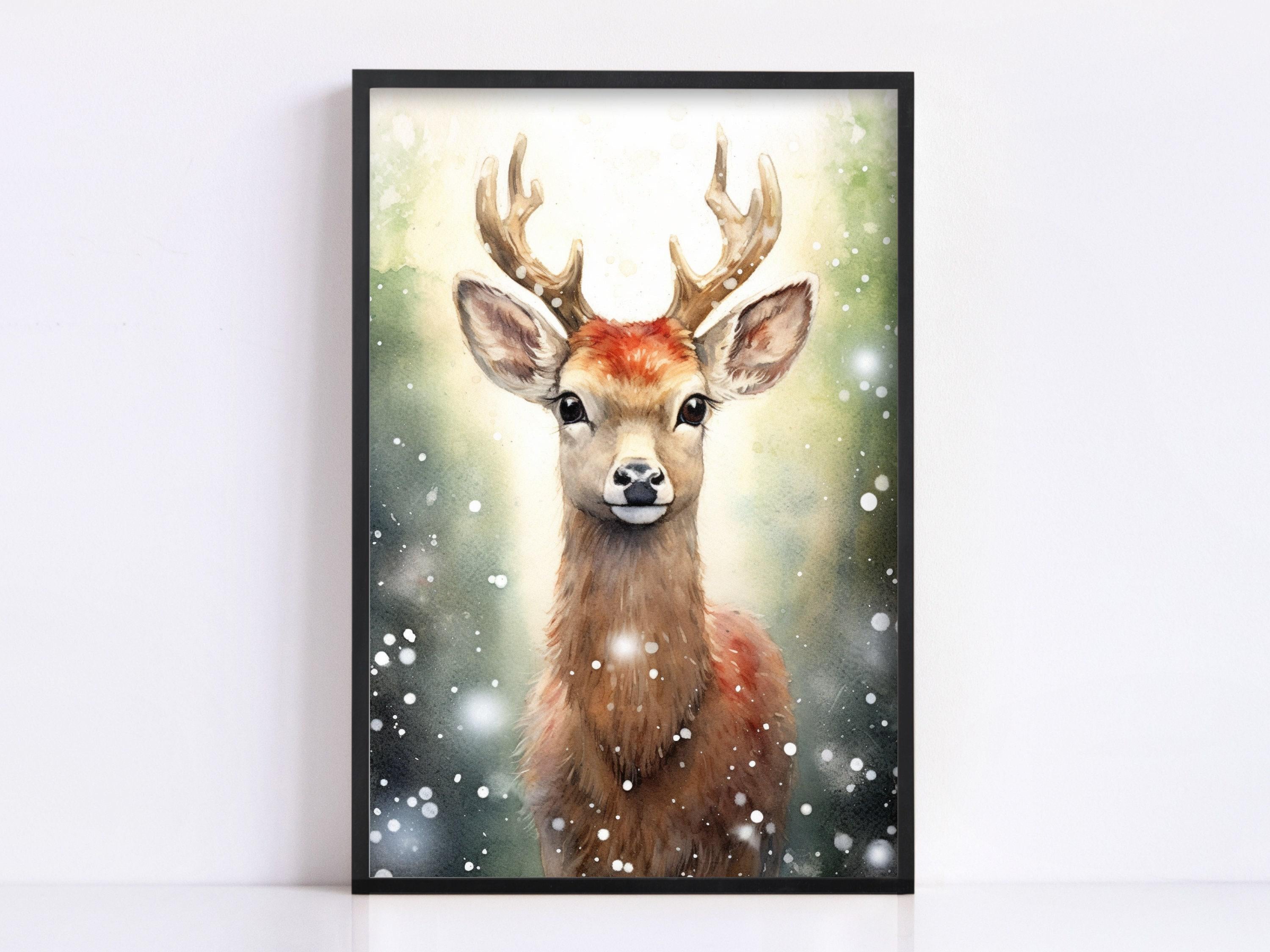 Baby Reindeer Watercolor - Festive Christmas Art, Giclee Print on Canvas, Artist Paper, Watercolor Paper, Available in Extra Large Sizes
