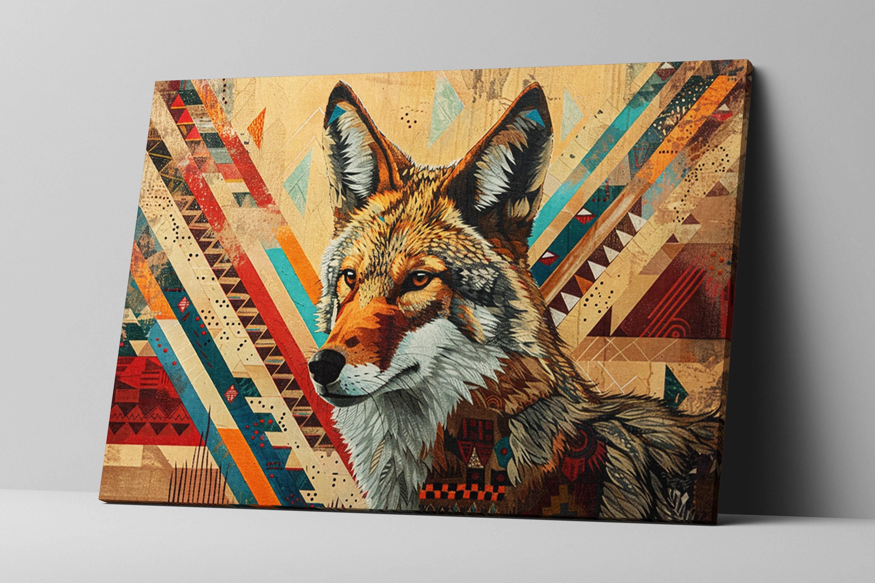 Tribal Coyote Wall Art – Native American Art on Extra Large Gallery Wrapped Canvas