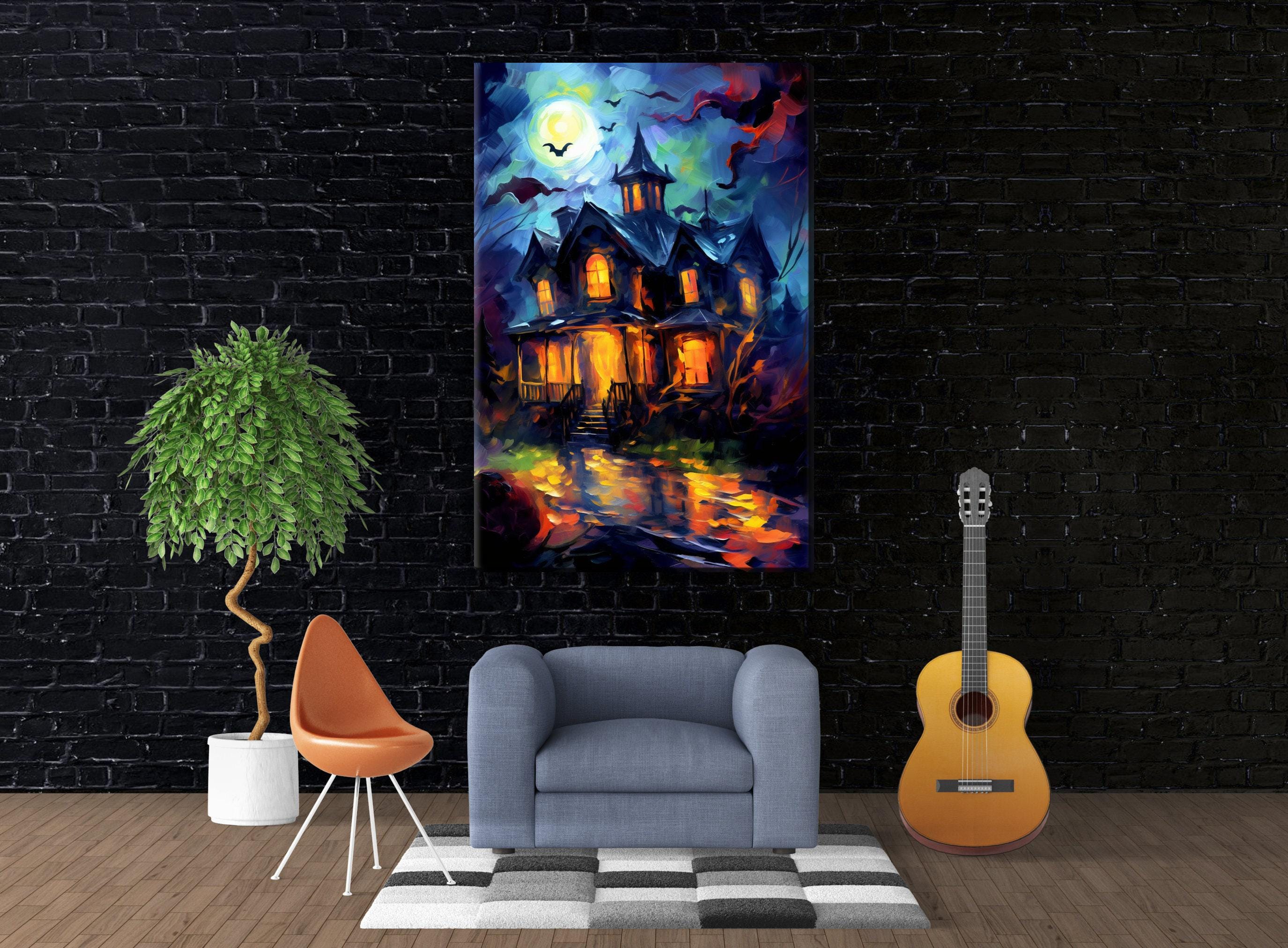 Halloween Haunted House Art – Large Canvas Wall Art | Spooky Home Decor, Gallery Wrapped