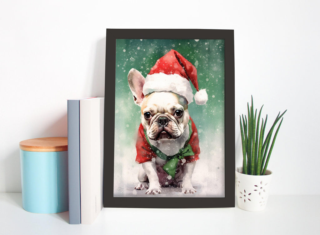 Festive French Bulldog in Santa Hat Watercolor Art, Giclee Print on Canvas, Artist Paper, Watercolor Paper, Available in Extra Large Sizes