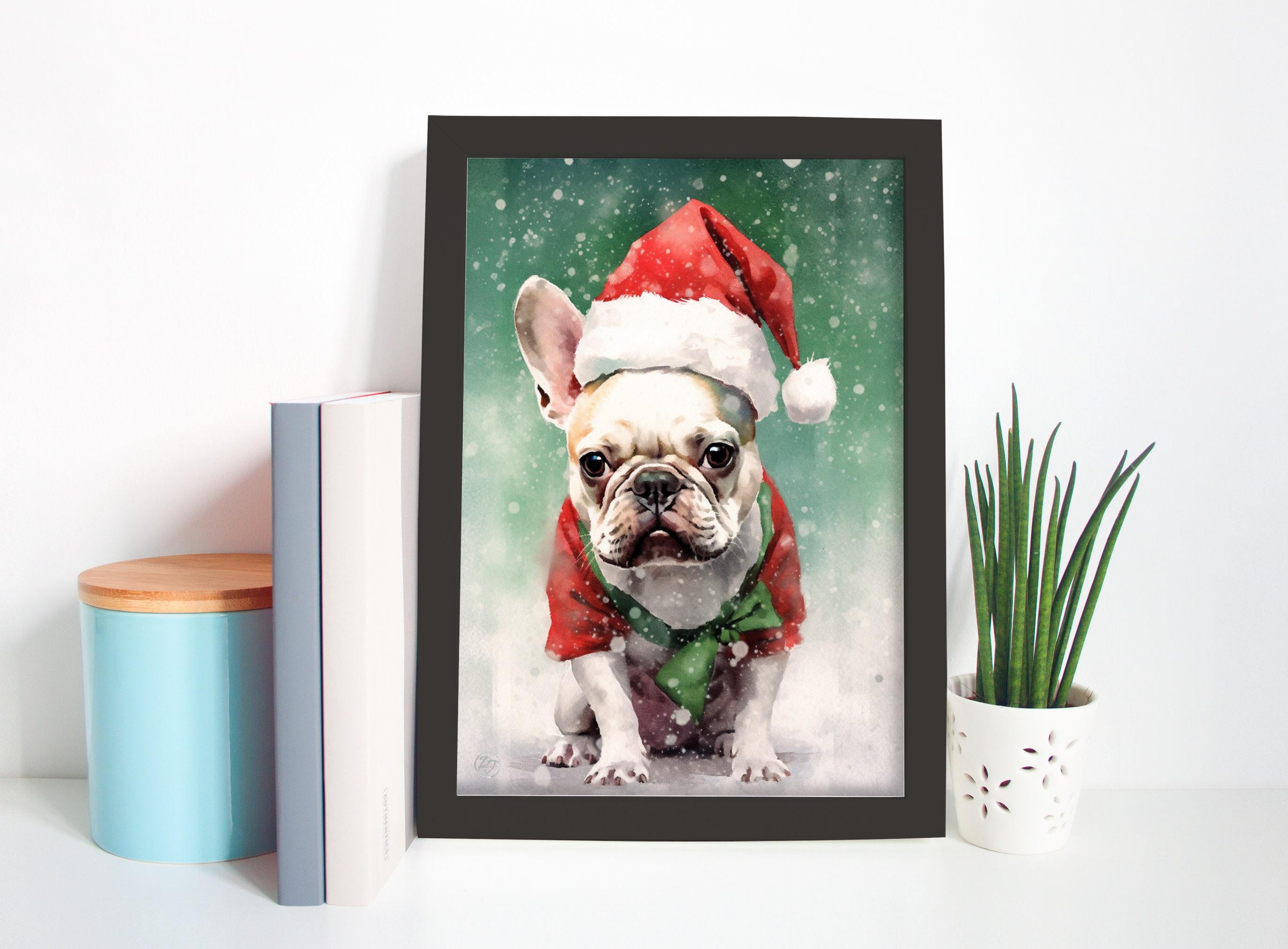 Festive French Bulldog in Santa Hat Watercolor Art, Giclee Print on Canvas, Artist Paper, Watercolor Paper, Available in Extra Large Sizes