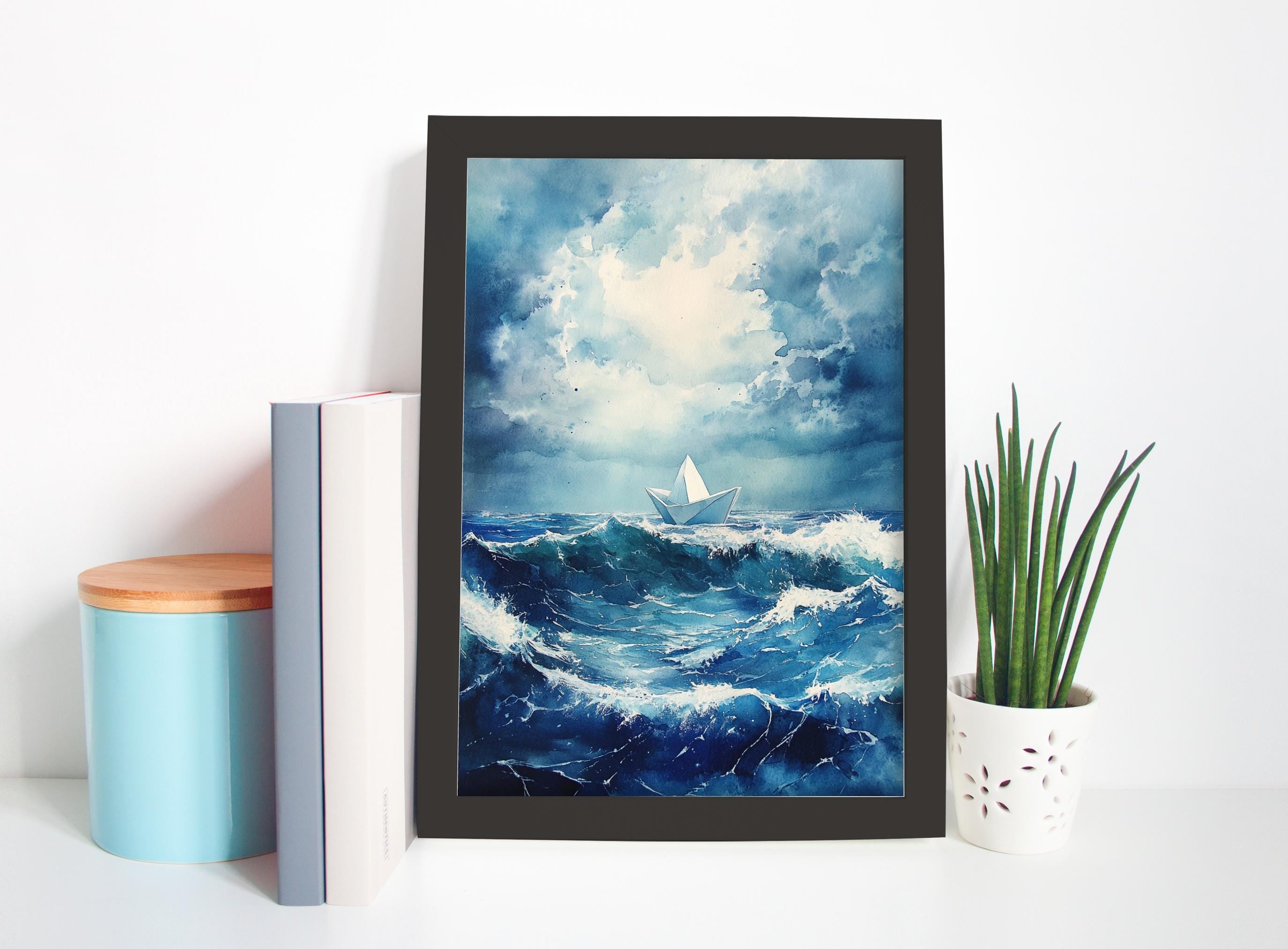 a framed painting of a ship sailing on a stormy sea, surrounded by books and a potted plant on a shelf.