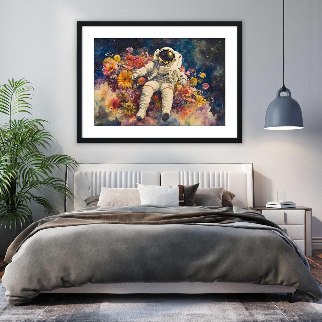 a bedroom with a large bed, a framed painting of an astronaut floating in a colorful flower field, and a potted plant on the left side of the room.