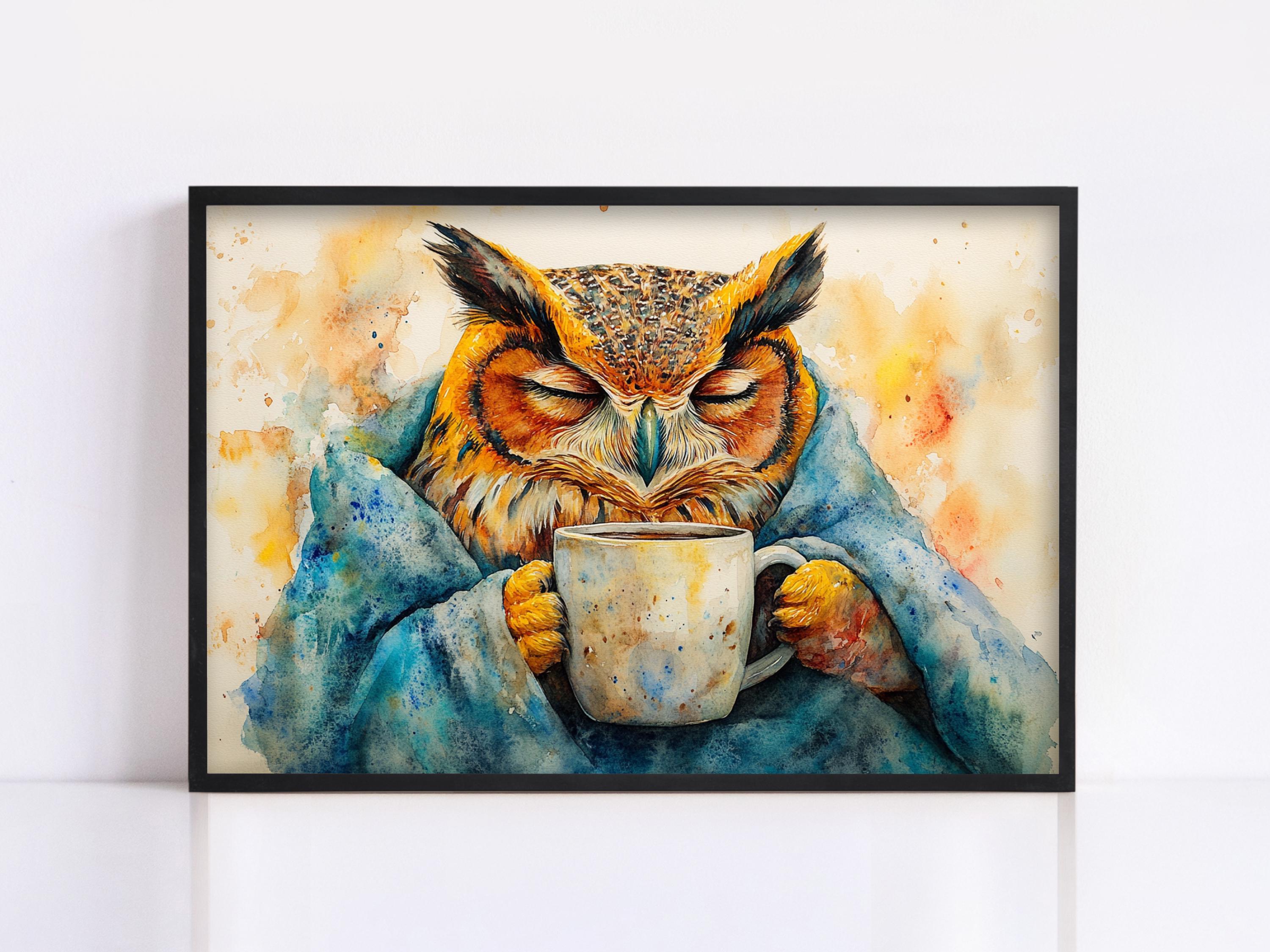 A painting of an owl holding a cup of coffee, with its eyes closed, against a colorful background.