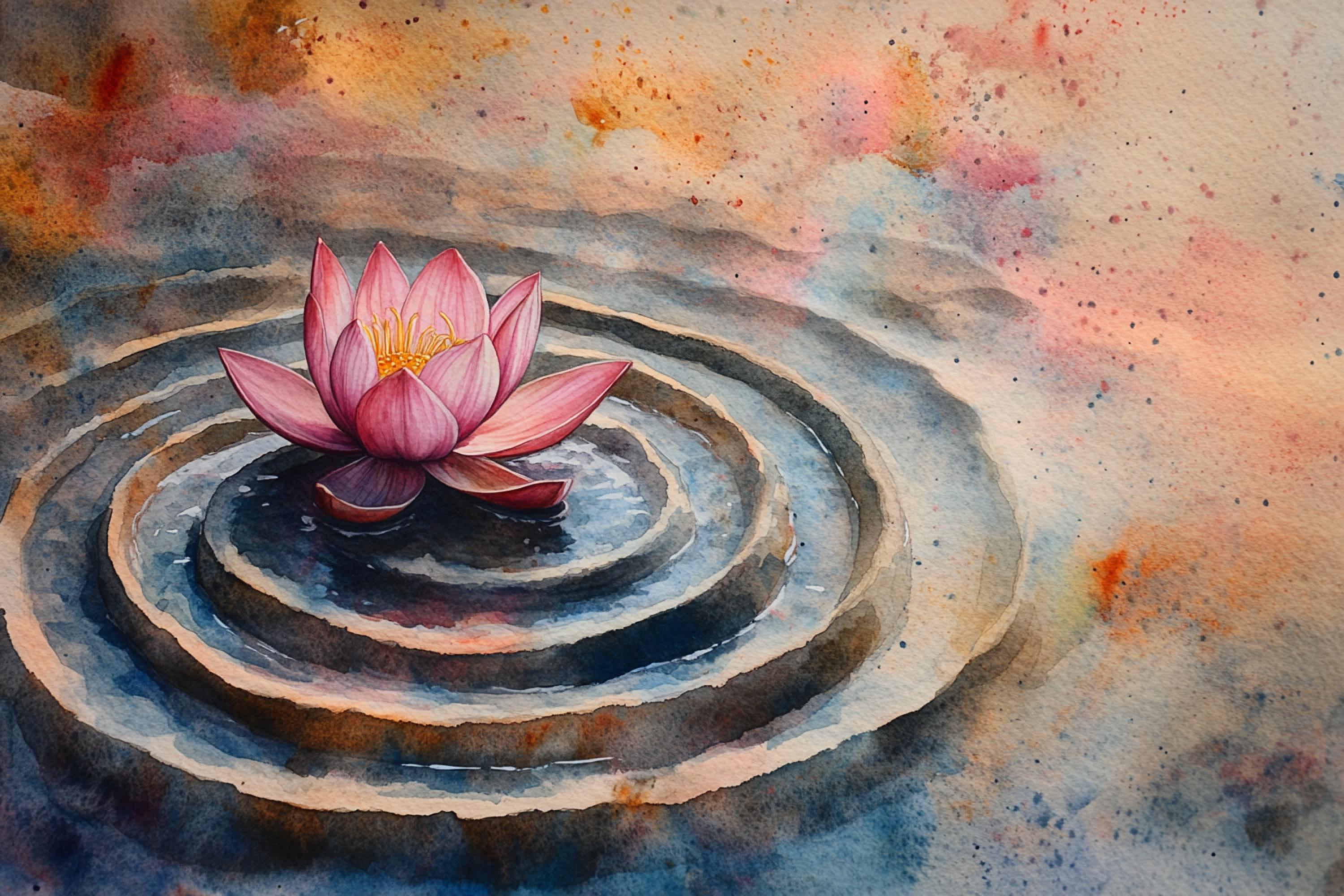 A water lily flower floats on a rippled surface, surrounded by concentric circles of water.