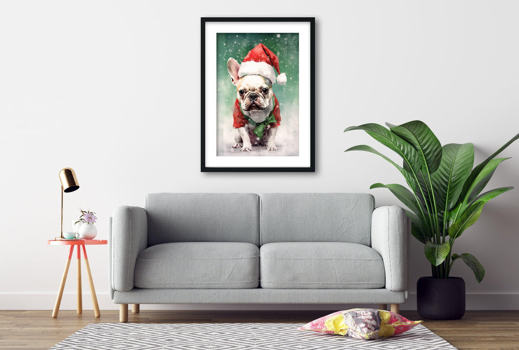 Festive French Bulldog in Santa Hat Watercolor Art, Giclee Print on Canvas, Artist Paper, Watercolor Paper, Available in Extra Large Sizes
