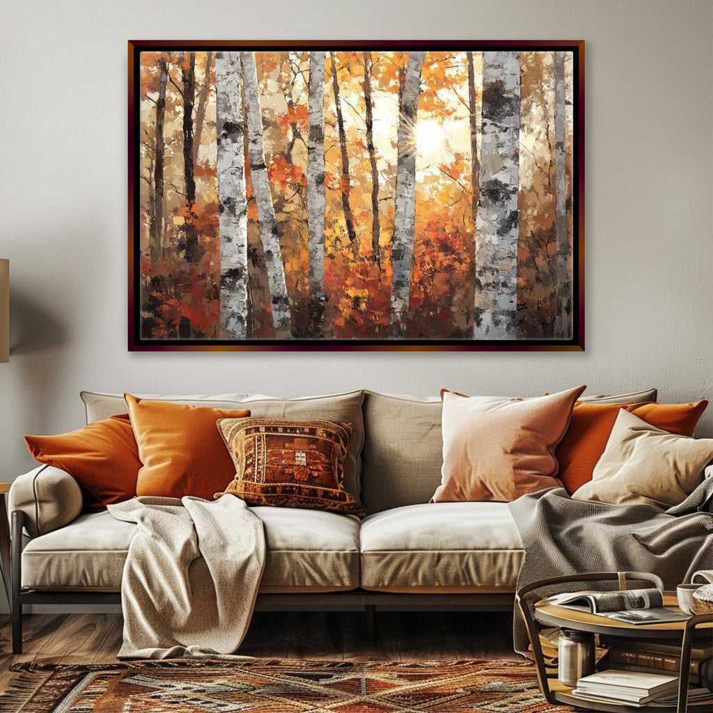 Autumn Birch Tree Wall Art - Extra Large Canvas | Cozy Fall Painting, Framed Birch Canvas