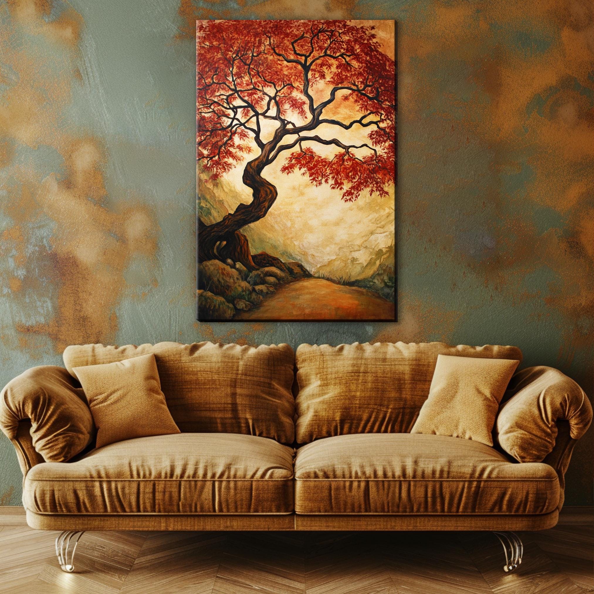 a couch in a room with a painting on the wall