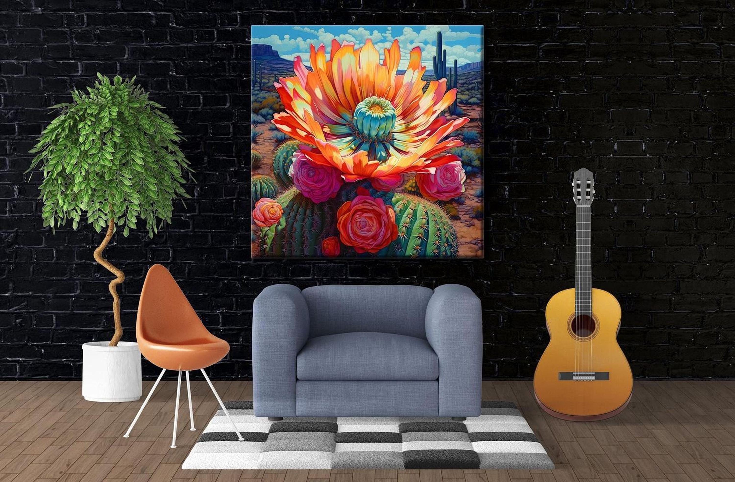 a living room with a large, colorful painting of a cactus and flowers hanging on the wall. In front of the painting, there is a gray armchair and a wooden guitar. The room also has a potted plant and a rug on the floor.