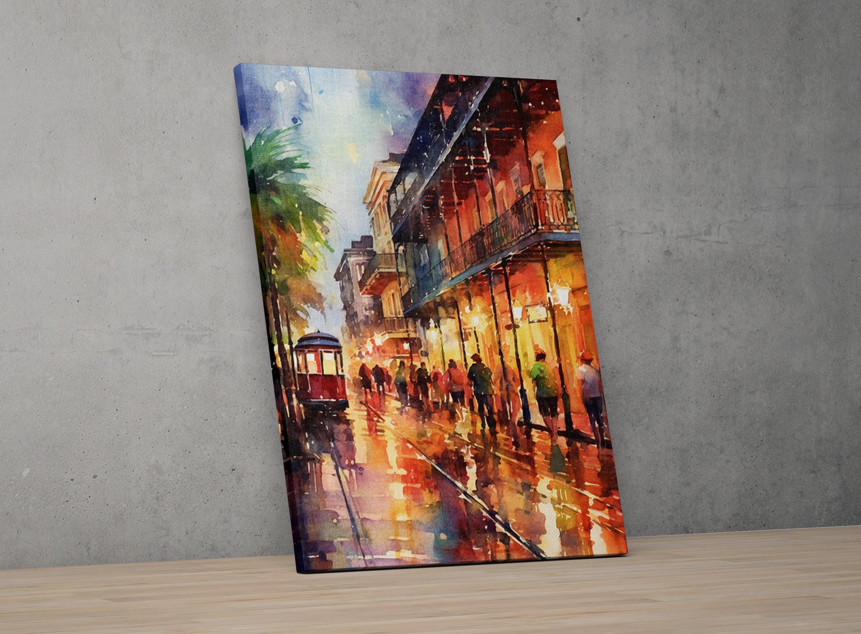 The image is a vibrant painting depicting a lively street scene with a trolley car, people walking, and a colorful, colorful atmosphere.