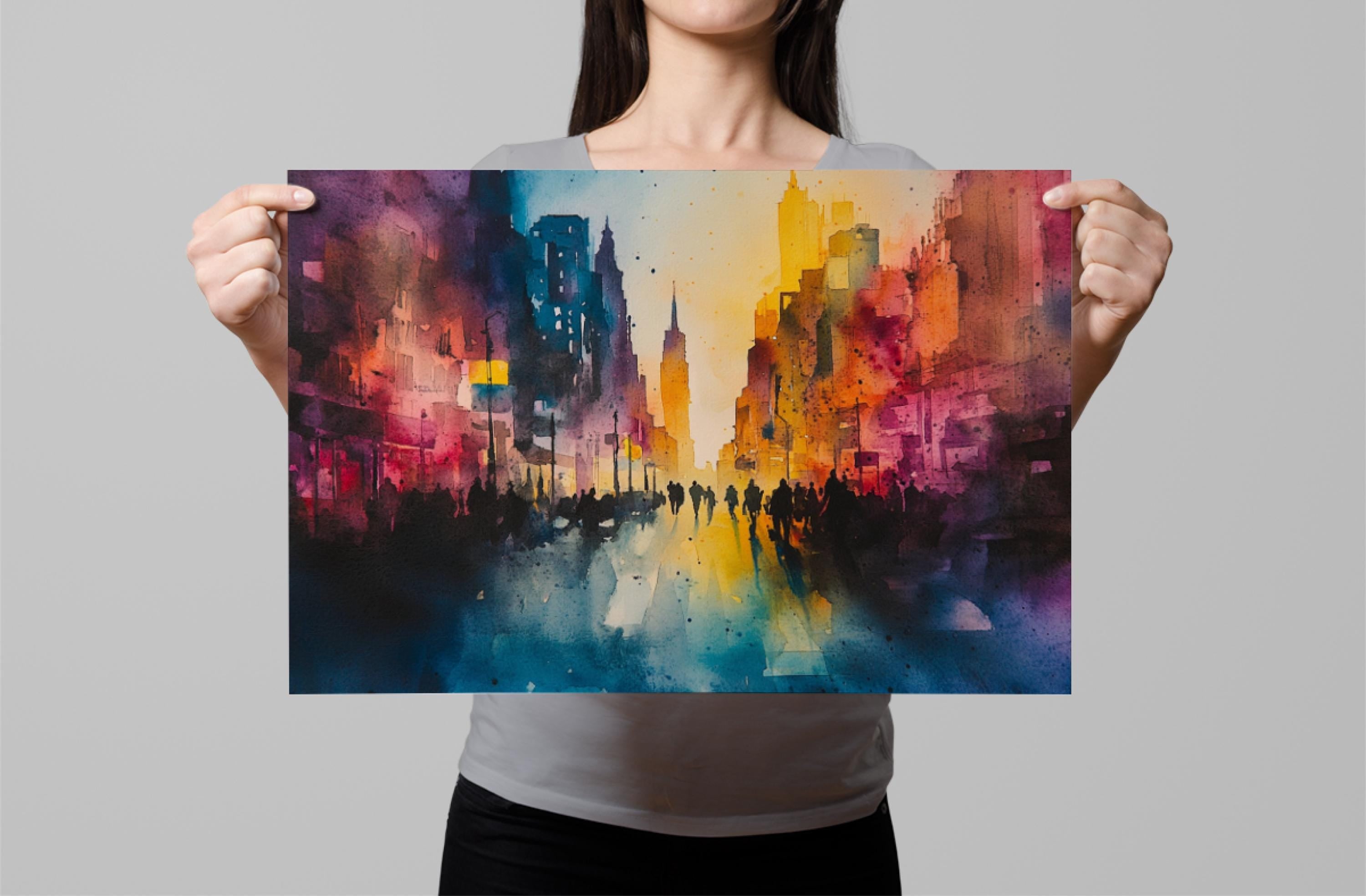 A woman is holding up a colorful painting of a cityscape with tall buildings and a vibrant, abstract background.