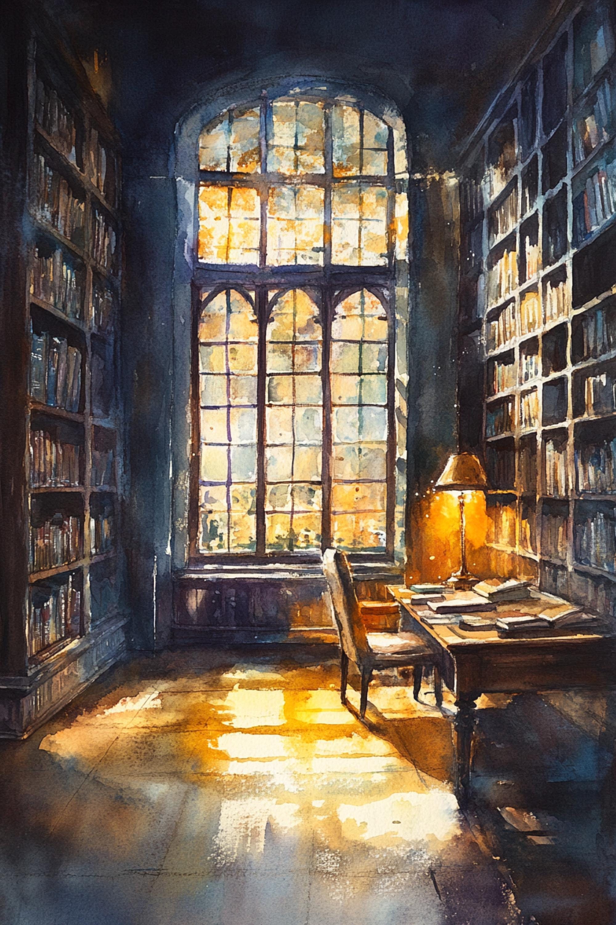 a serene and cozy library scene, with a large arched window allowing natural light to flood the room. The room is filled with bookshelves lining the walls, and a desk with a lamp sits in the center. The overall atmosphere is warm and inviting, with the sunlight streaming through the window creating a peaceful and studious ambiance.
