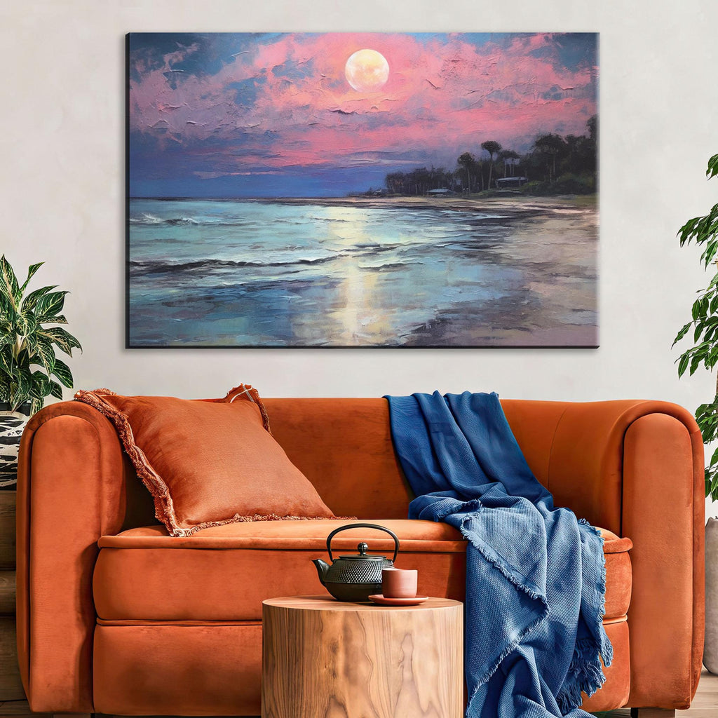 Moonlight Beach Painting – Large Canvas Print | Coastal Wall Art, Gallery Wrapped Canvas