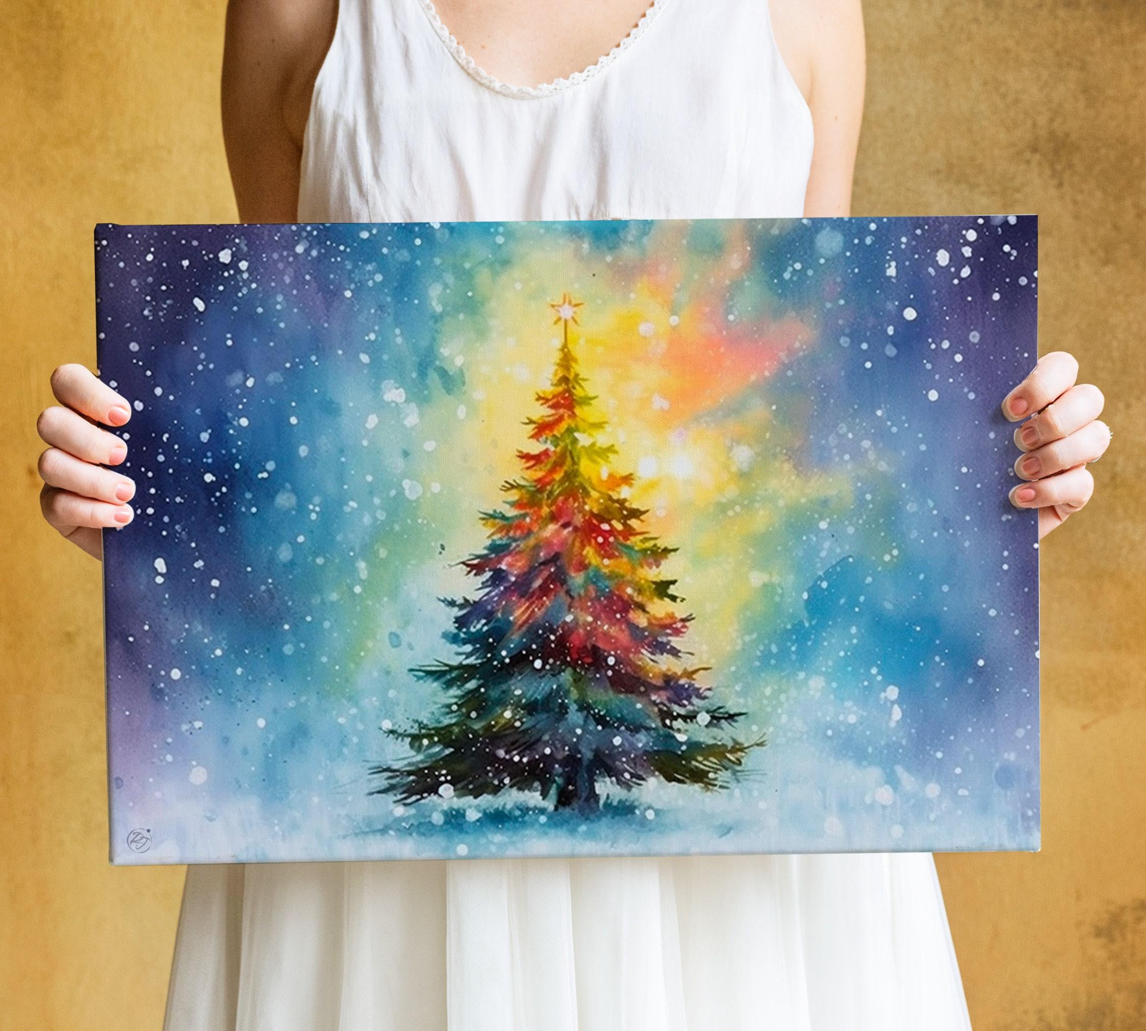 Joyful Holiday Tree Watercolor - Christmas Wall Art, Giclee Print on Canvas, Artist Paper, Watercolor Paper, Available in Extra Large Sizes
