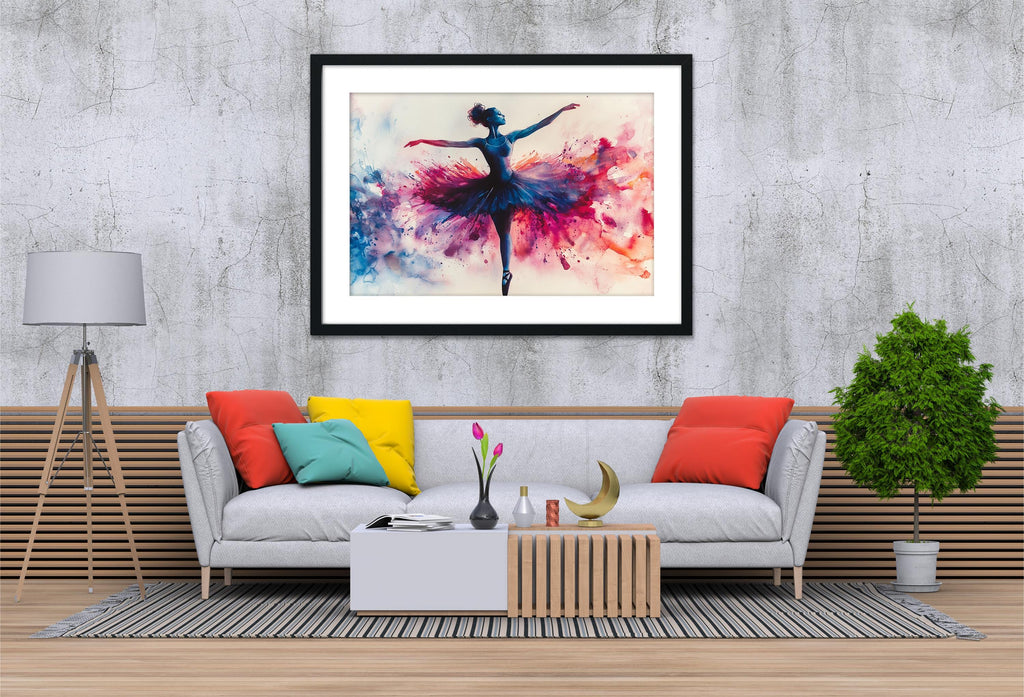 a modern living room with a gray sofa, a wooden coffee table, and a framed painting of a ballerina on the wall.