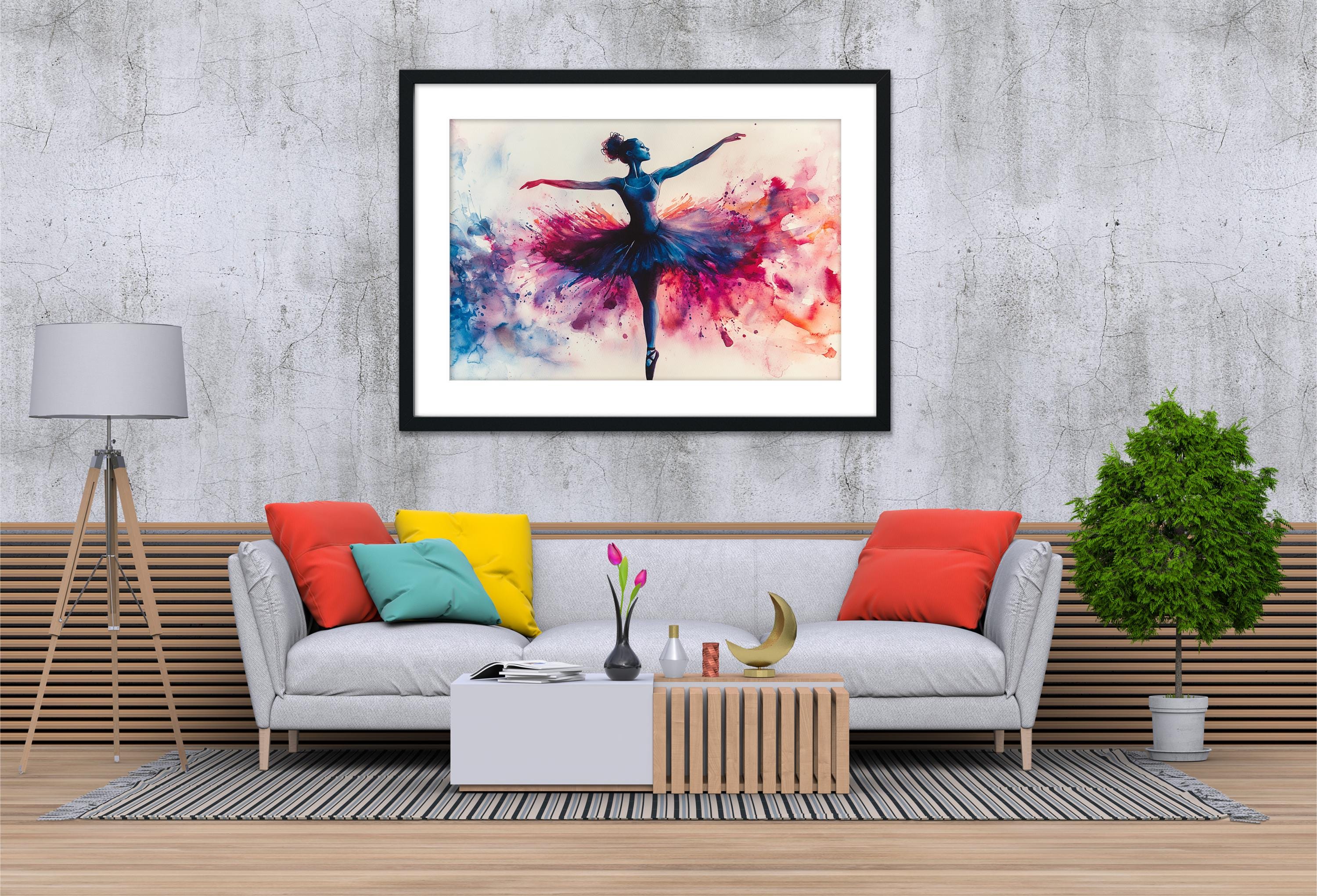 a modern living room with a gray sofa, a wooden coffee table, and a framed painting of a ballerina on the wall.