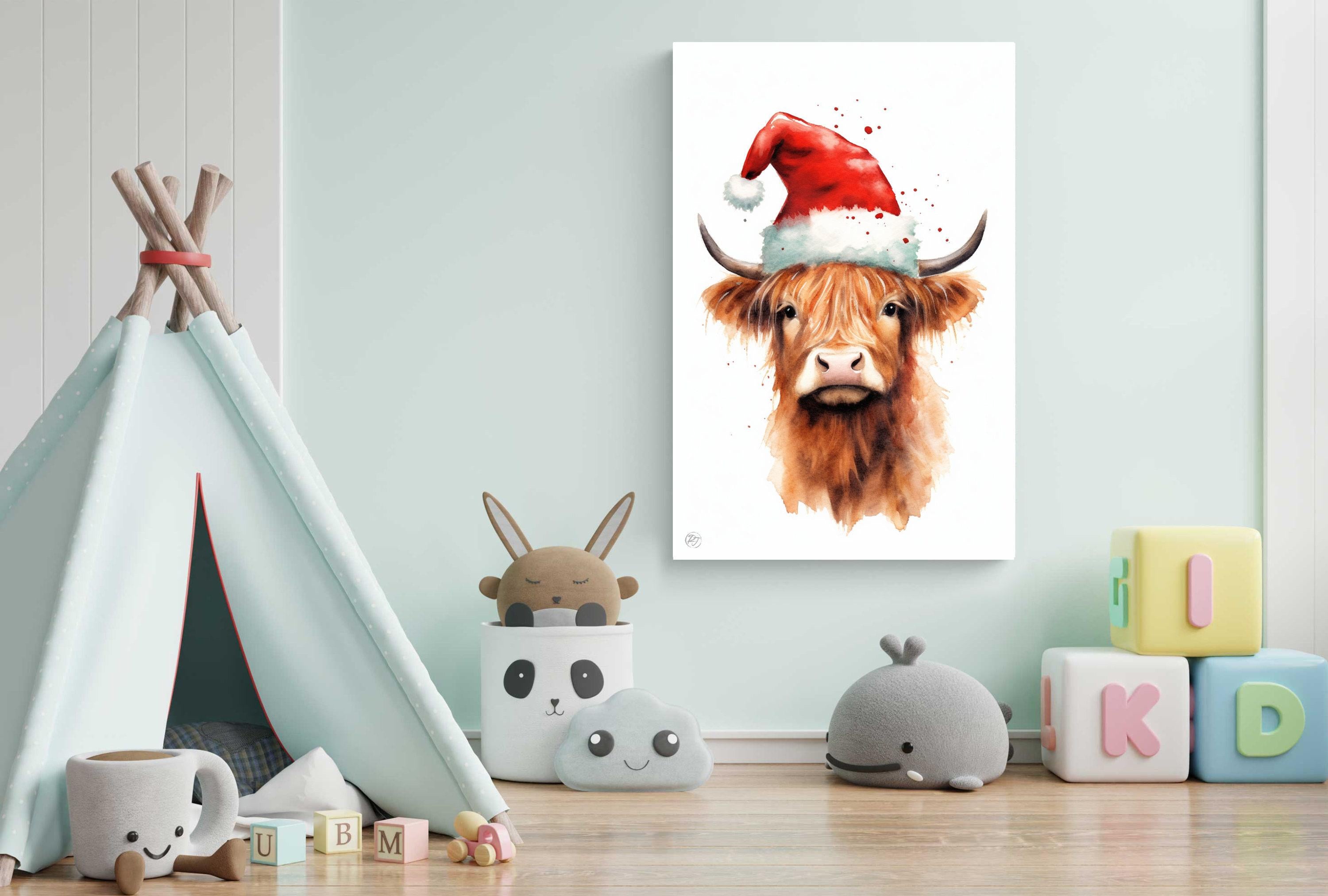 Cute Baby Highland Cow in Santa Hat Watercolor Art, Giclee Print on Canvas, Artist Paper, Watercolor Paper, Available in Extra Large Sizes