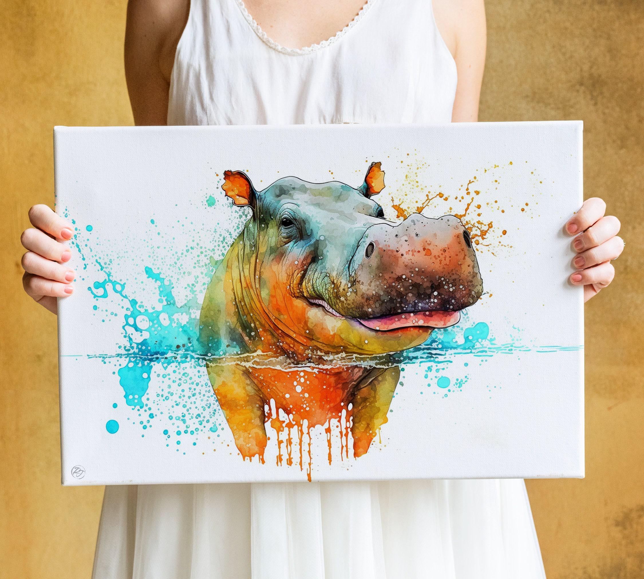 Hippopotamus Portrait: Watercolor Hippo Wall Decor, Giclee Print on Canvas, Artist Paper, Watercolor Paper, Available in Extra Large Sizes