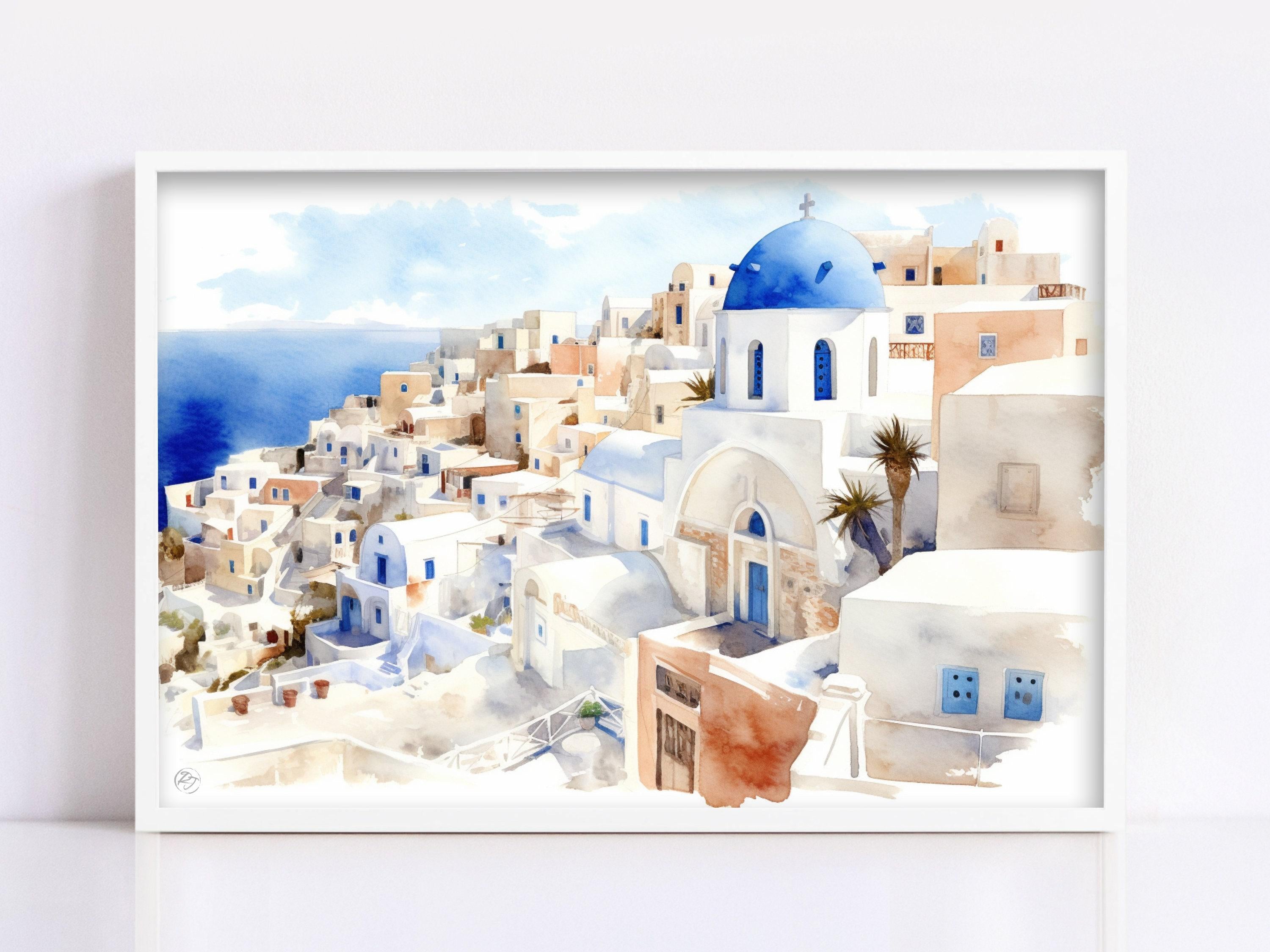 Greek Island Escape: Santorini Watercolor Wall Decor, Giclee Print on Canvas, Artist Paper, Watercolor Paper, Available in Extra Large Sizes