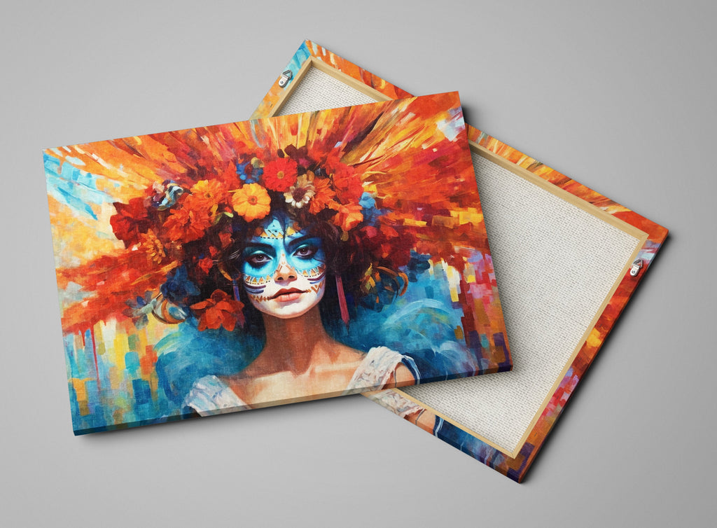 Day of the Dead Art - Large Canvas Sugar Skull Wall Art With Vibrant Flower Hair