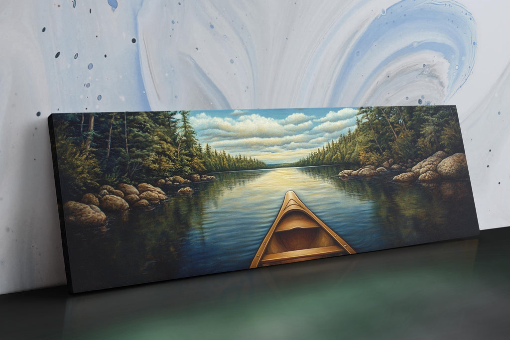 a painting of a canoe on a lake