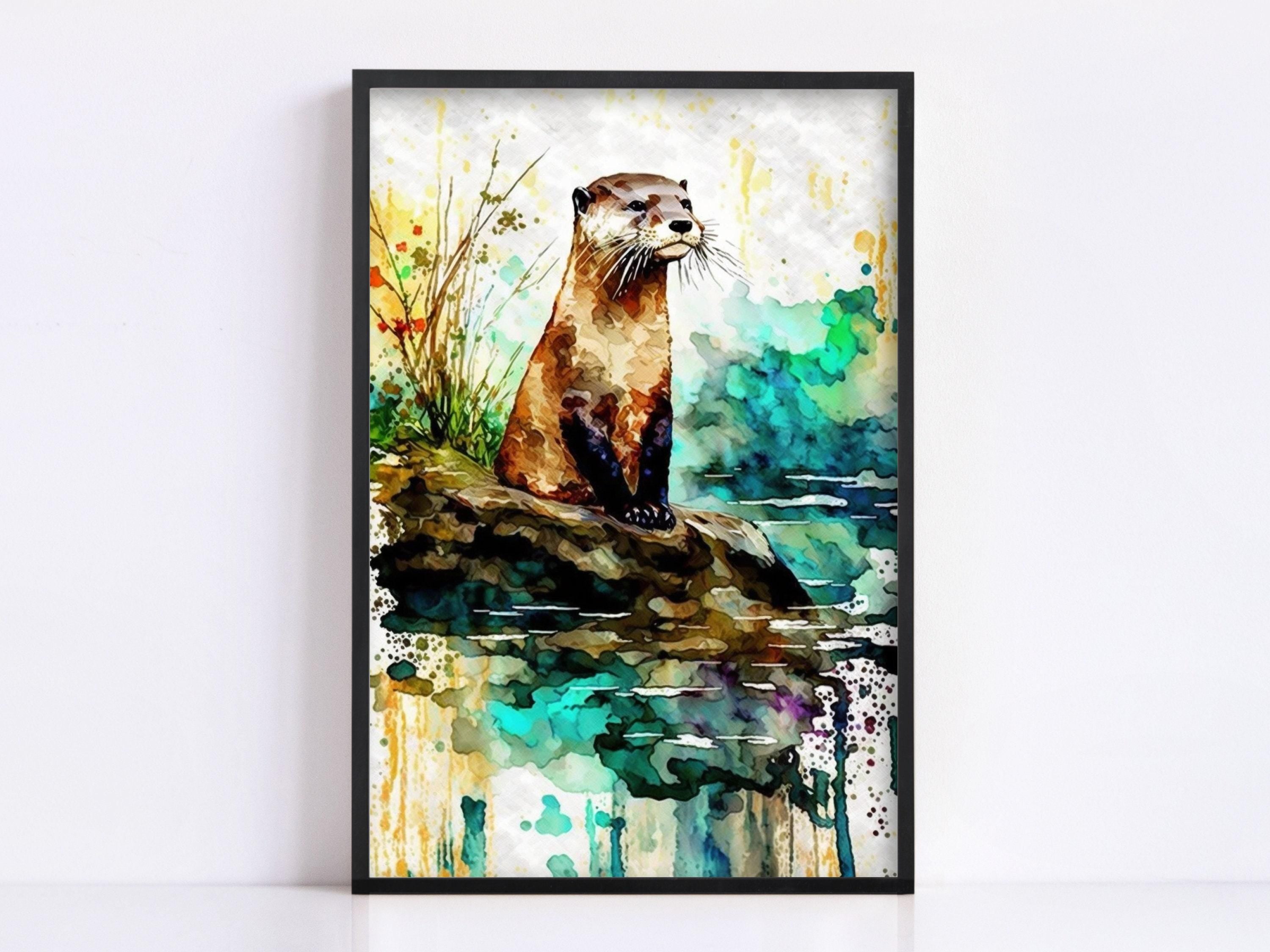Riverbank Charm: Watercolor River Otter Wall Decor, Giclee Print on Canvas, Artist Paper, Watercolor Paper, Available in Extra Large Sizes