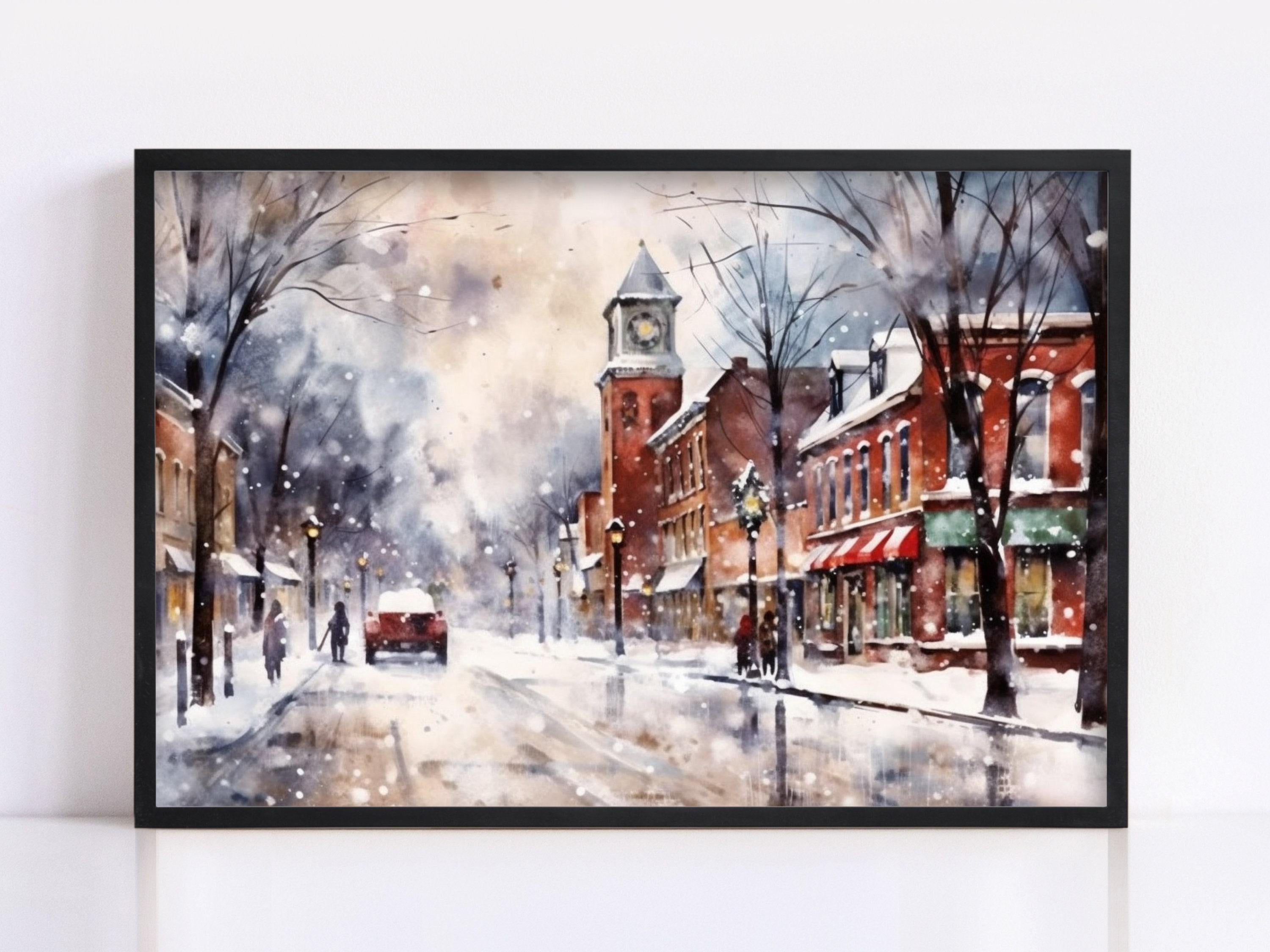 Charming Holiday Town Watercolor - Rustic Christmas Decor, Print on Canvas, Artist Paper, Watercolor Paper, Available in Extra Large Sizes