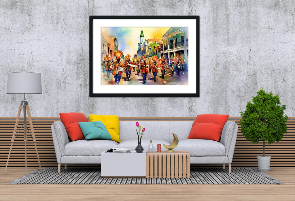 Mardi Gras Marching Band Watercolor – NOLA Parade, Giclee Print on Canvas, Artist Paper, Watercolor Paper, Available in Extra Large Sizes