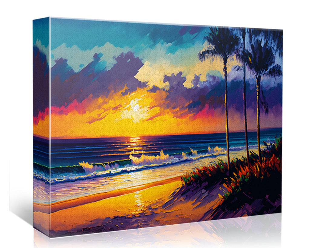 Coastal Beach Canvas - Large Canvas Art With Vibrant Ocean Sunset Painting
