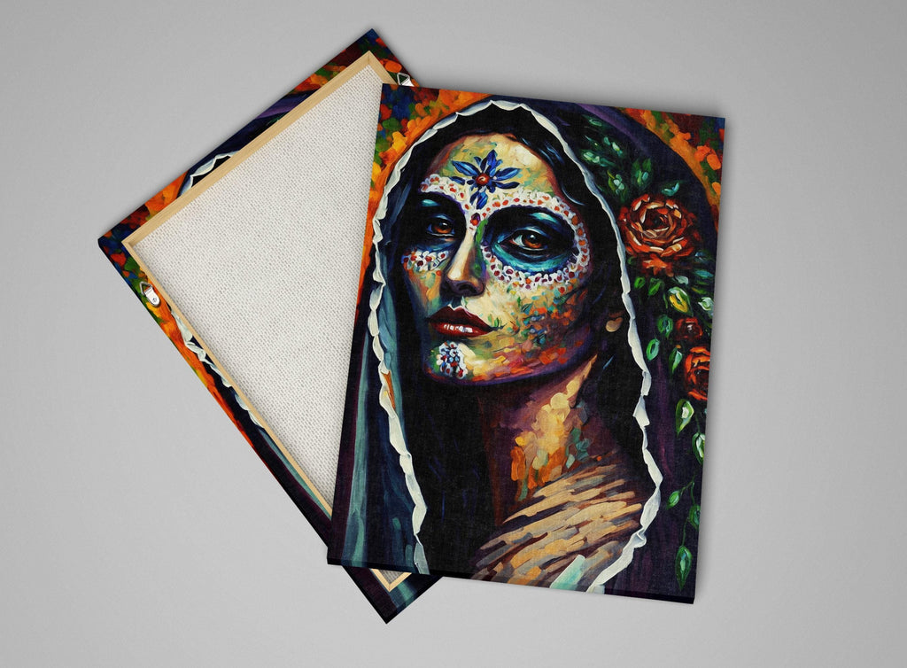 The image is a vibrant and colorful painting depicting a woman's face with intricate Day of the Dead-inspired makeup and decorations.