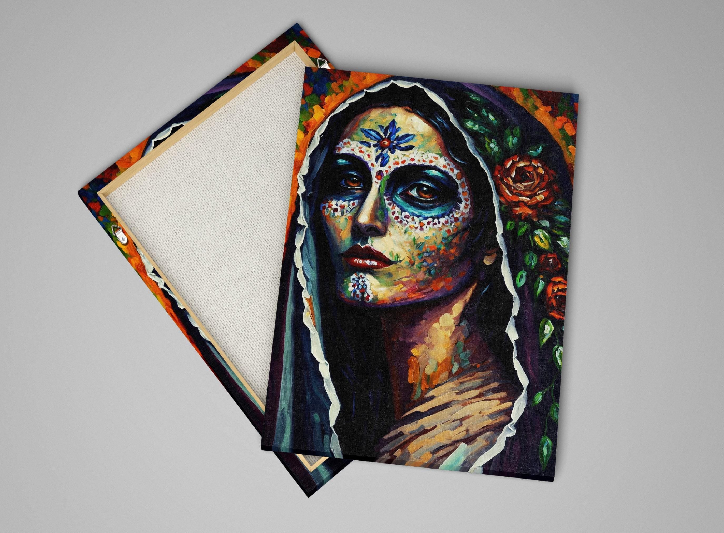The image is a vibrant and colorful painting depicting a woman's face with intricate Day of the Dead-inspired makeup and decorations.