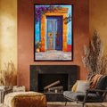 a painting of a blue door in a living room