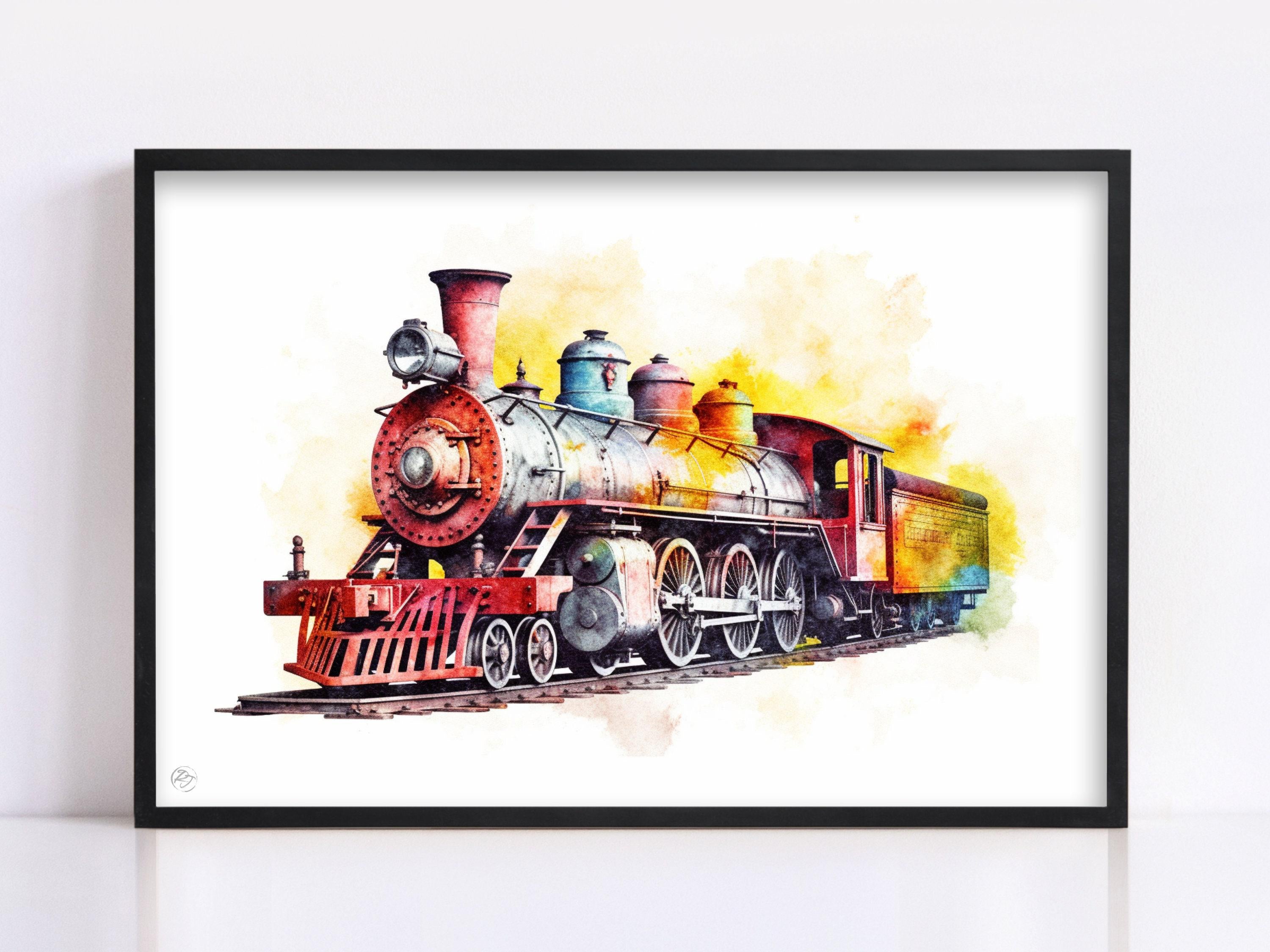 Train Travel Dreams: Watercolor Locomotive Painting, Giclee Print on Canvas, Artist Paper, Watercolor Paper, Available in Extra Large Sizes