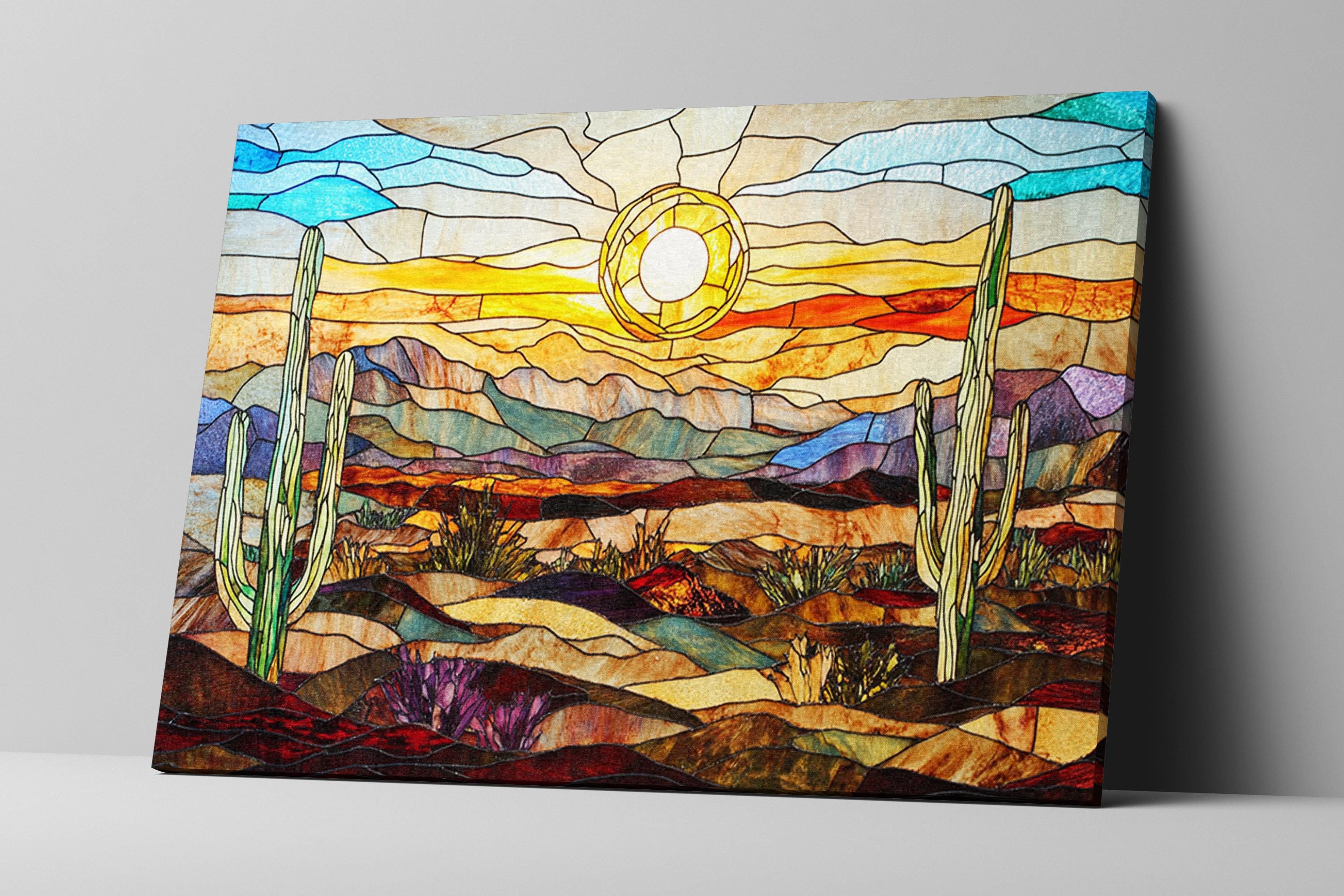 a painting of a desert scene with cactus trees