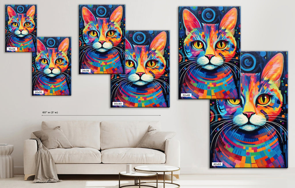 Colorful Cat Painting - Large Canvas Wall Art | Vibrant Pet Art, Expressive Cat Portrait