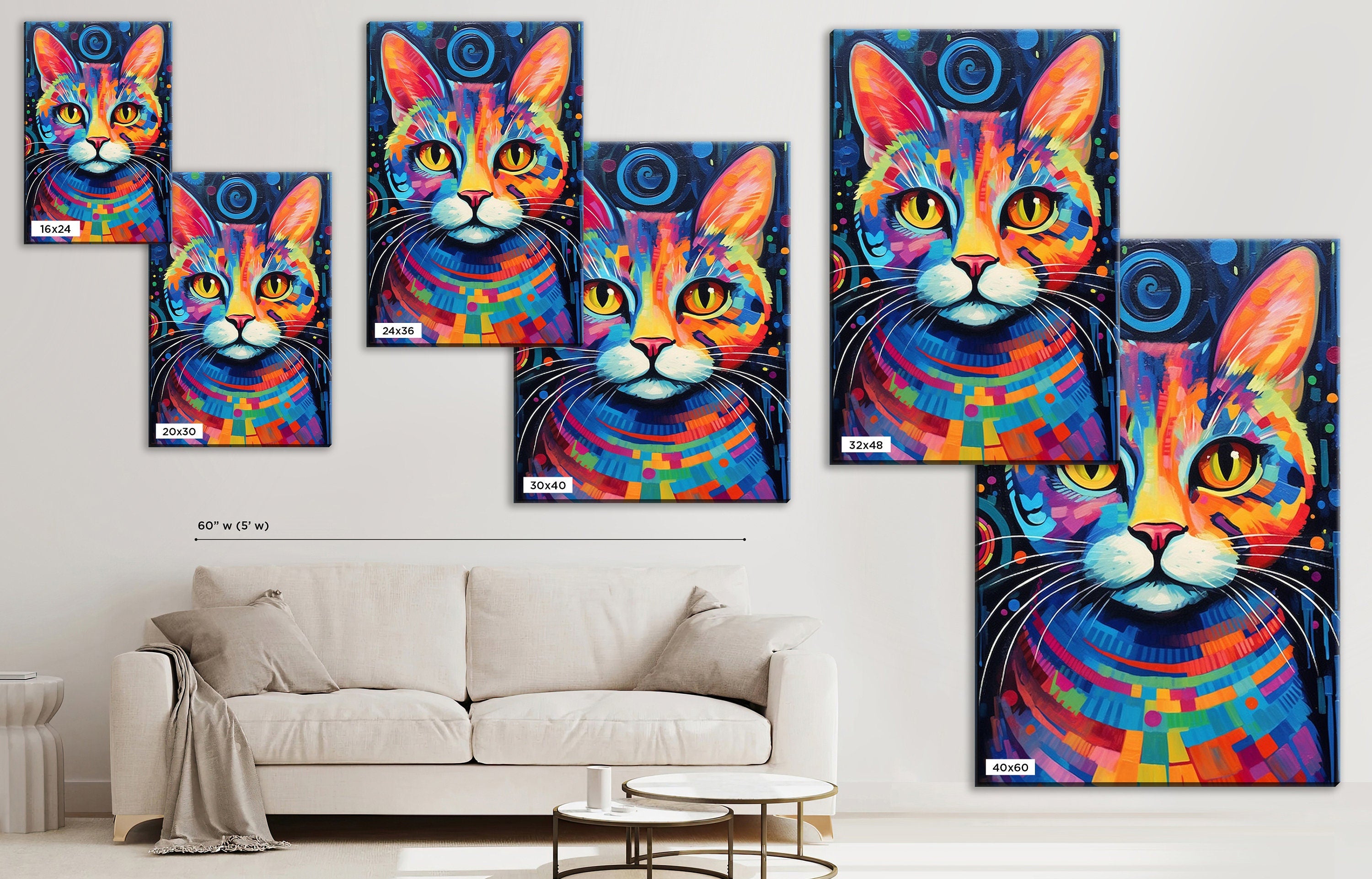 Colorful Cat Painting - Large Canvas Wall Art | Vibrant Pet Art, Expressive Cat Portrait