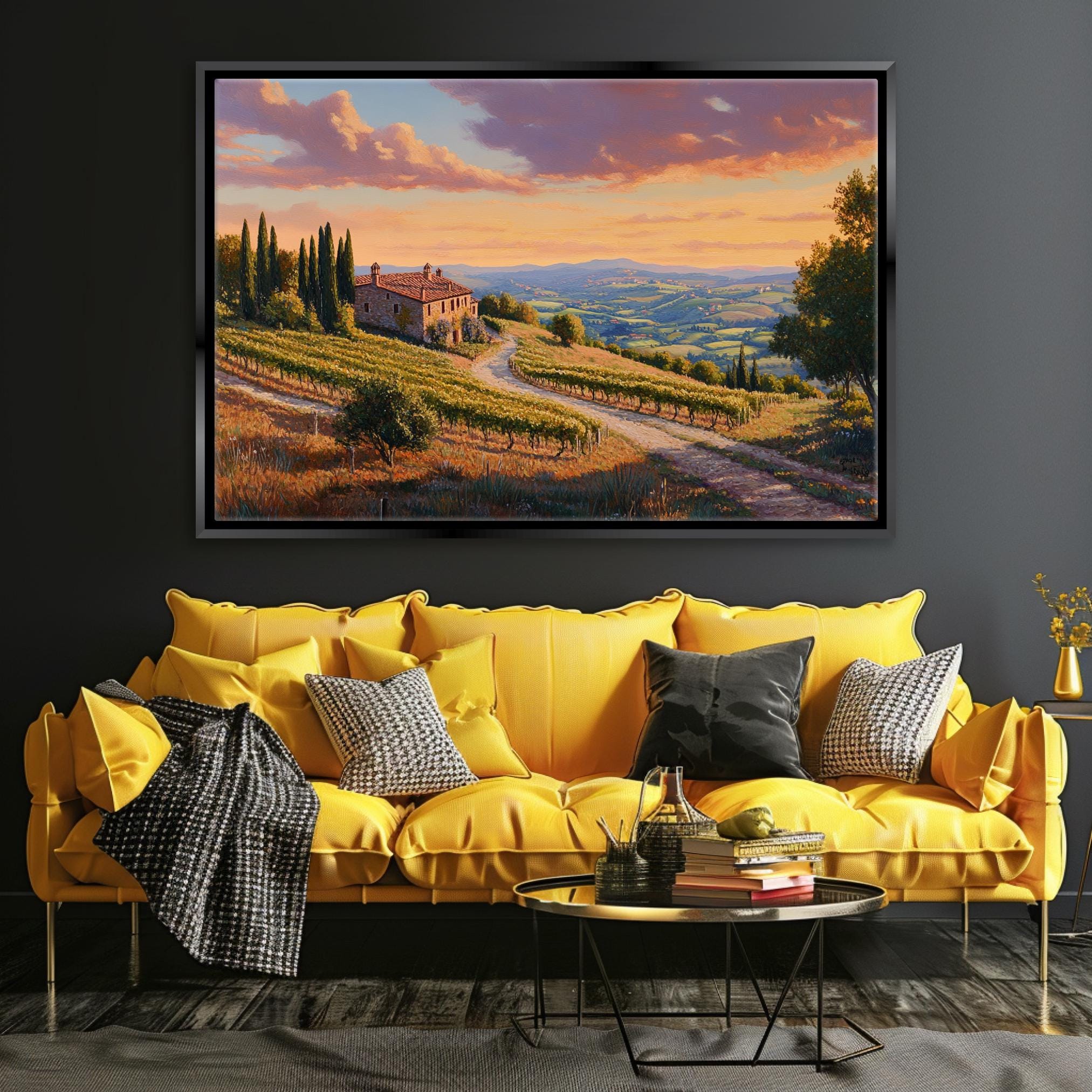 a living room with a yellow couch and a painting on the wall