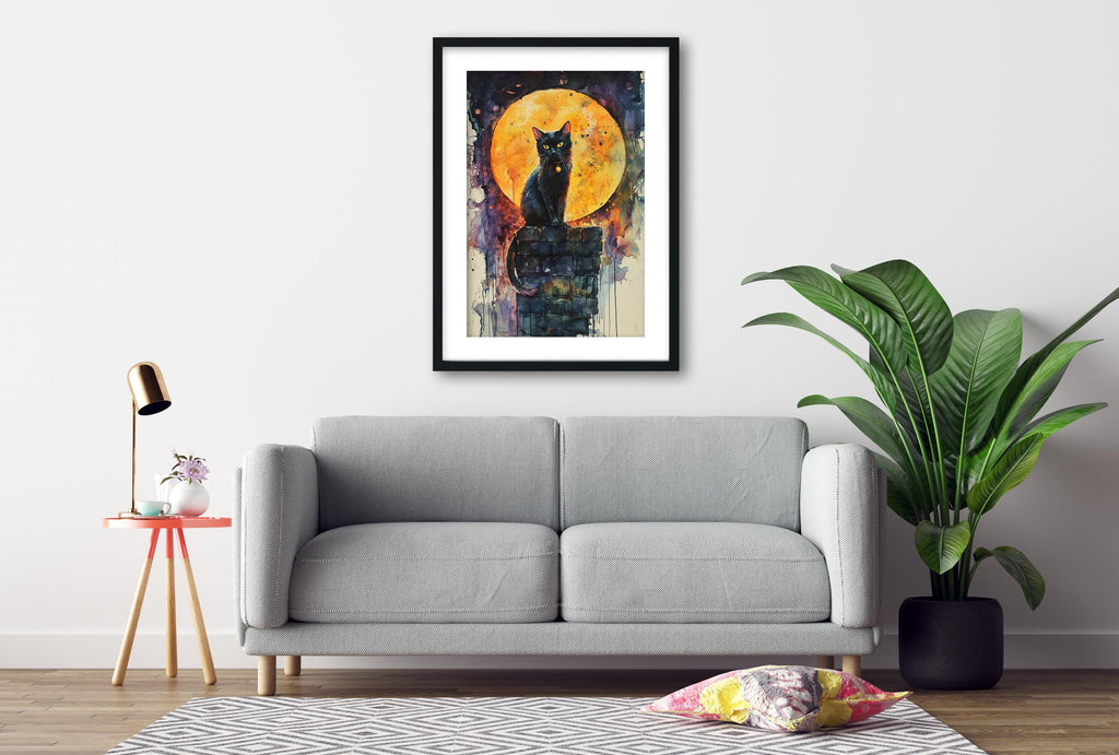 a gray sofa, a framed painting of a cat, a lamp, a plant, and a rug on a wooden floor.