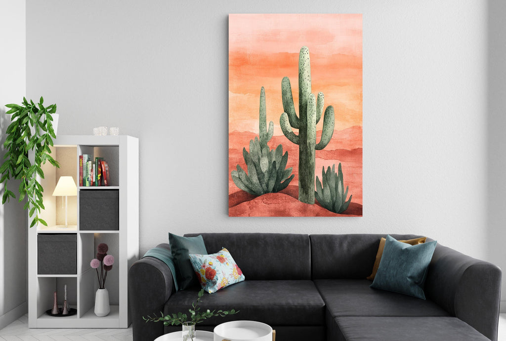 a modern living room with a black sectional sofa, a bookshelf, and a large watercolor painting of cacti on the wall.
