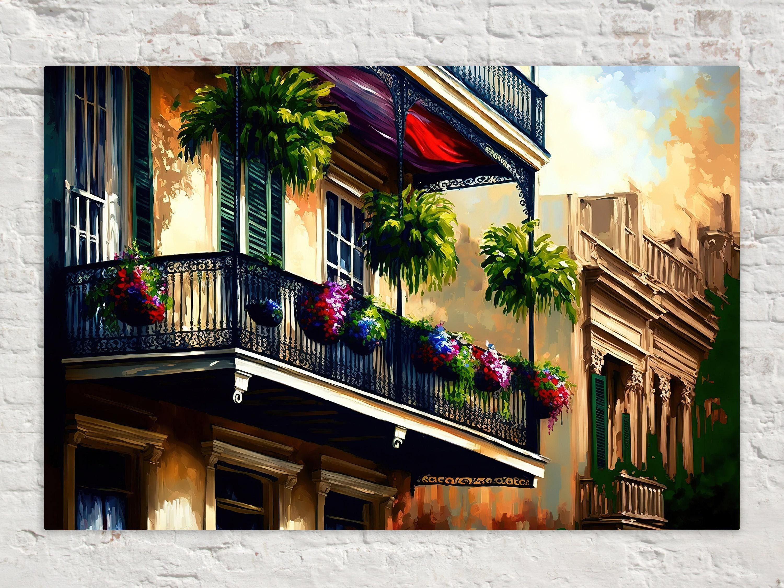 New Orleans Wall Art - French Quarter Painting | Vibrant NOLA Balcony Art Canvas