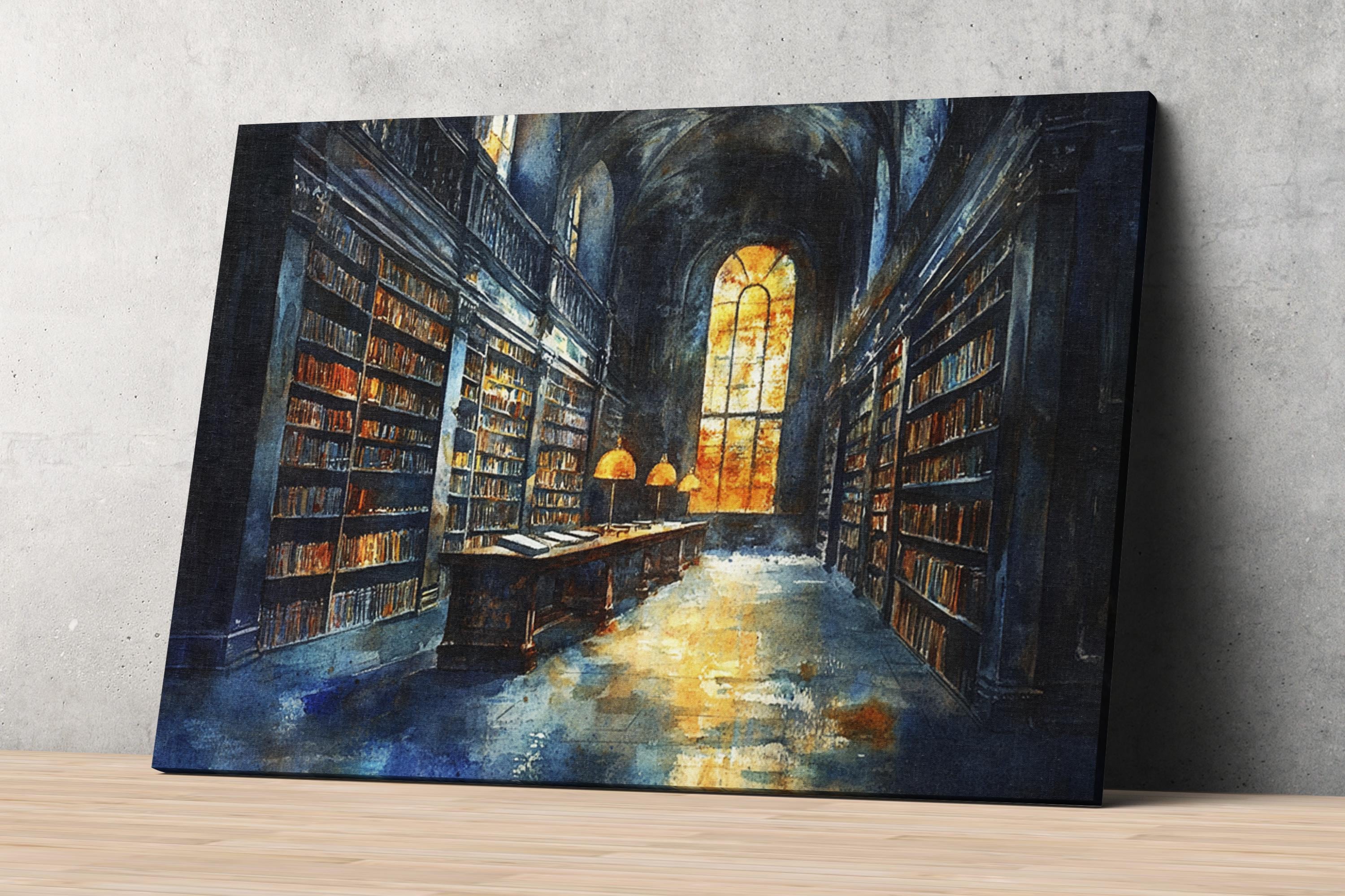 a grand library with towering bookshelves lining the walls, creating a sense of depth and scale. The room is illuminated by a large window, casting a warm glow and highlighting the architectural details. The overall atmosphere is one of quiet contemplation and intellectual pursuit, with the library as a sanctuary for knowledge and learning.