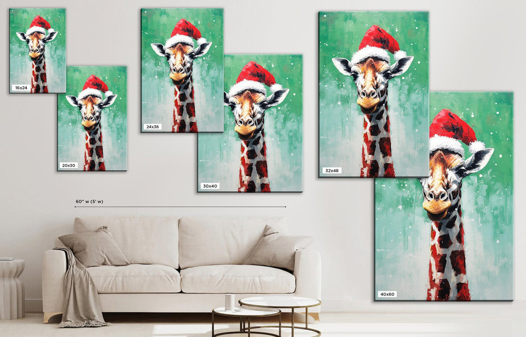 Holiday Giraffe Painting – Christmas Wall Art | Large Santa Hat Canvas Print